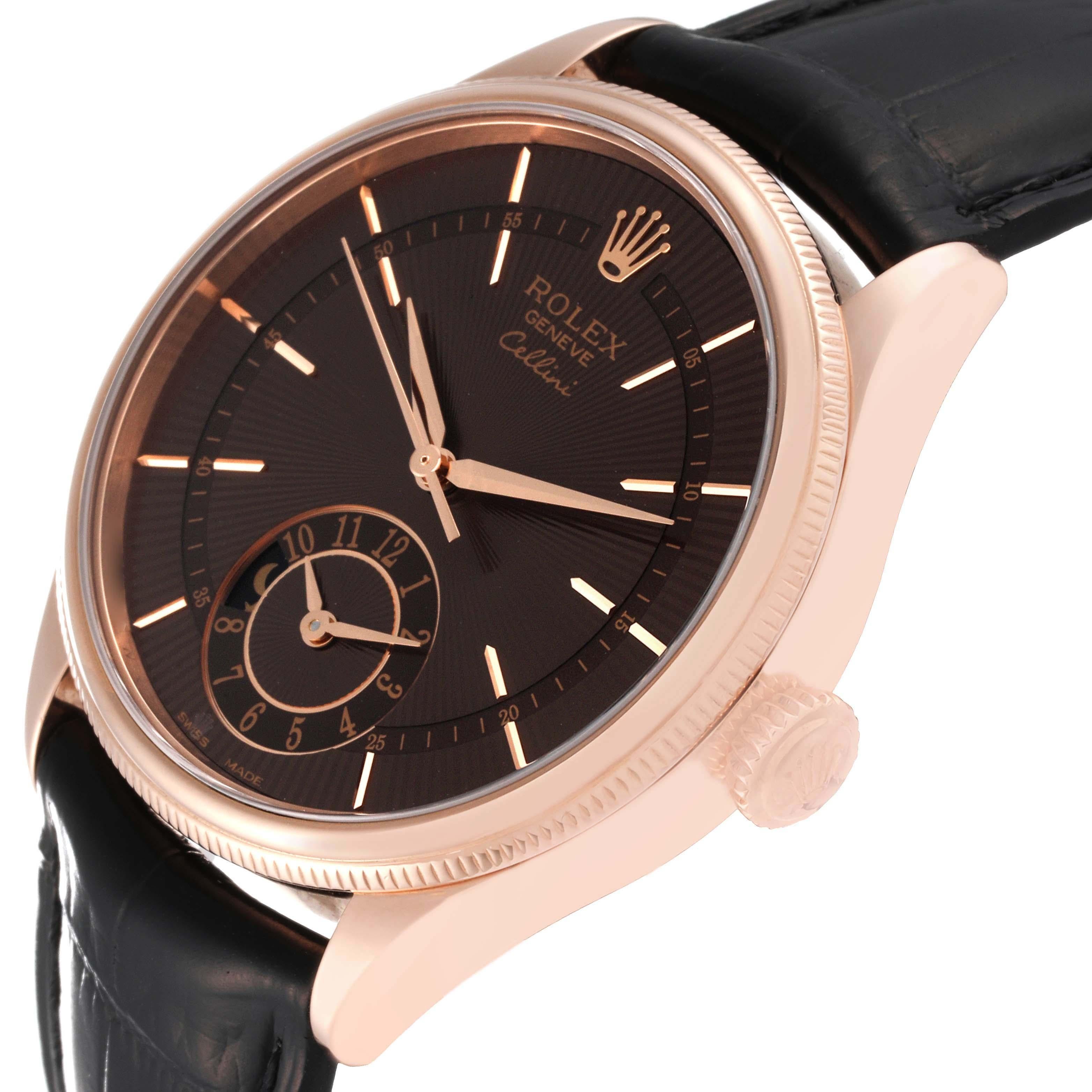 Men's Rolex Cellini Dual Time Brown Dial Rose Gold Automatic Mens Watch 50525