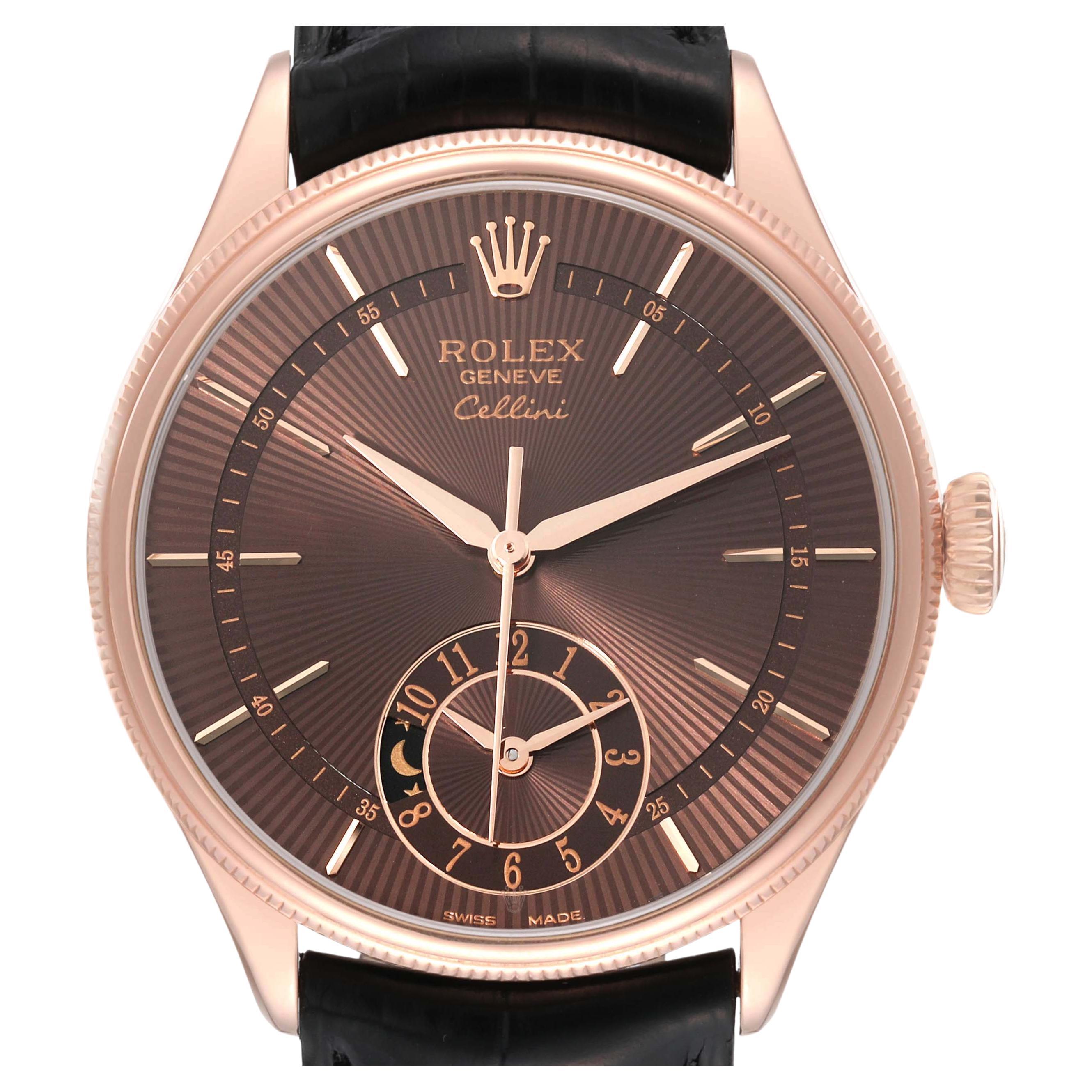 Rolex Cellini Dual Time Brown Dial Rose Gold Automatic Mens Watch 50525