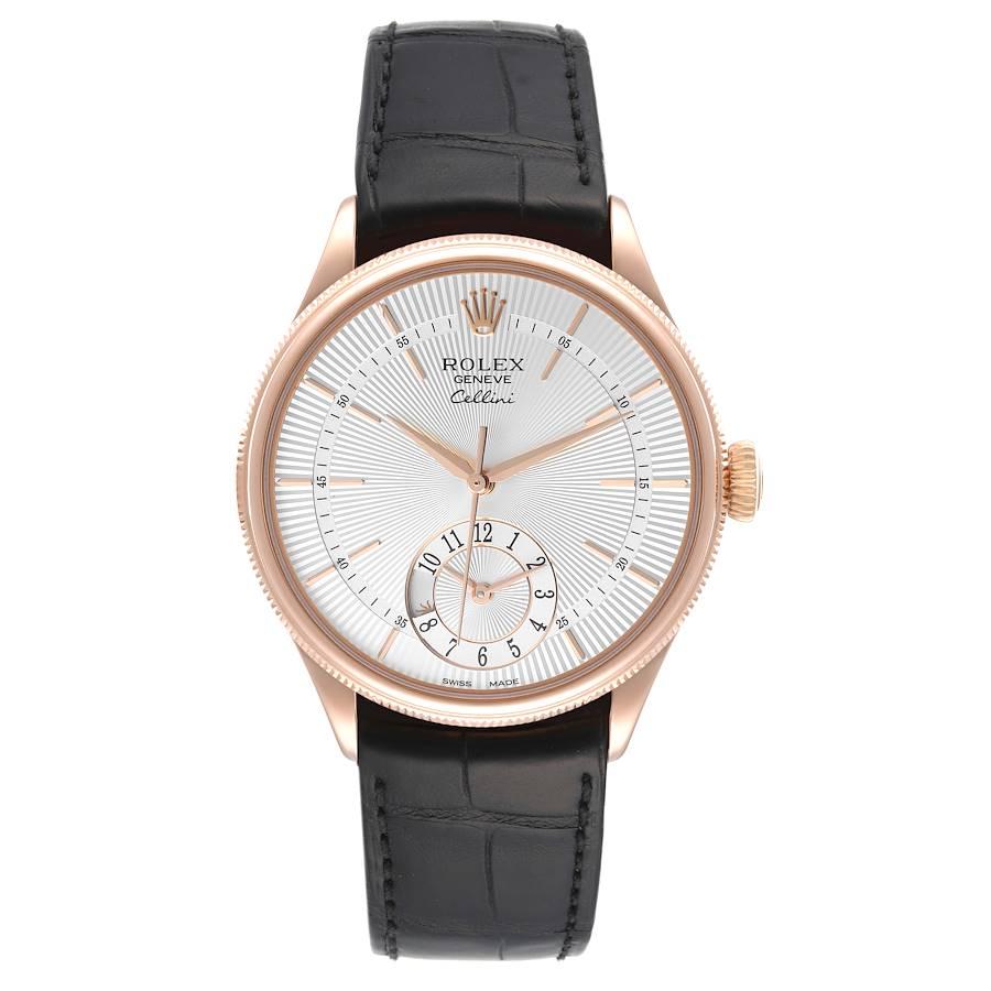 Rolex Cellini Dual Time Everose Rose Gold Automatic Mens Watch 50525 Box Card. Automatic self-winding movement. Officially certified Swiss chronometer (COSC). Paramagnetic blue Parachrom hairspring. Bidirectional self-winding via Perpetual rotor.