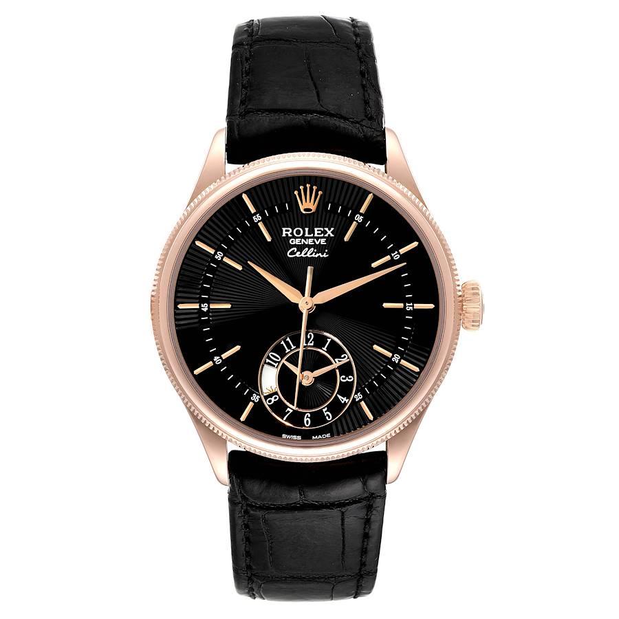 Rolex Cellini Dual Time Everose Rose Gold Mens Watch 50525. Automatic self-winding movement. Officially certified Swiss chronometer (COSC). Paramagnetic blue Parachrom hairspring. Bidirectional self-winding via Perpetual rotor. 18K rose gold round