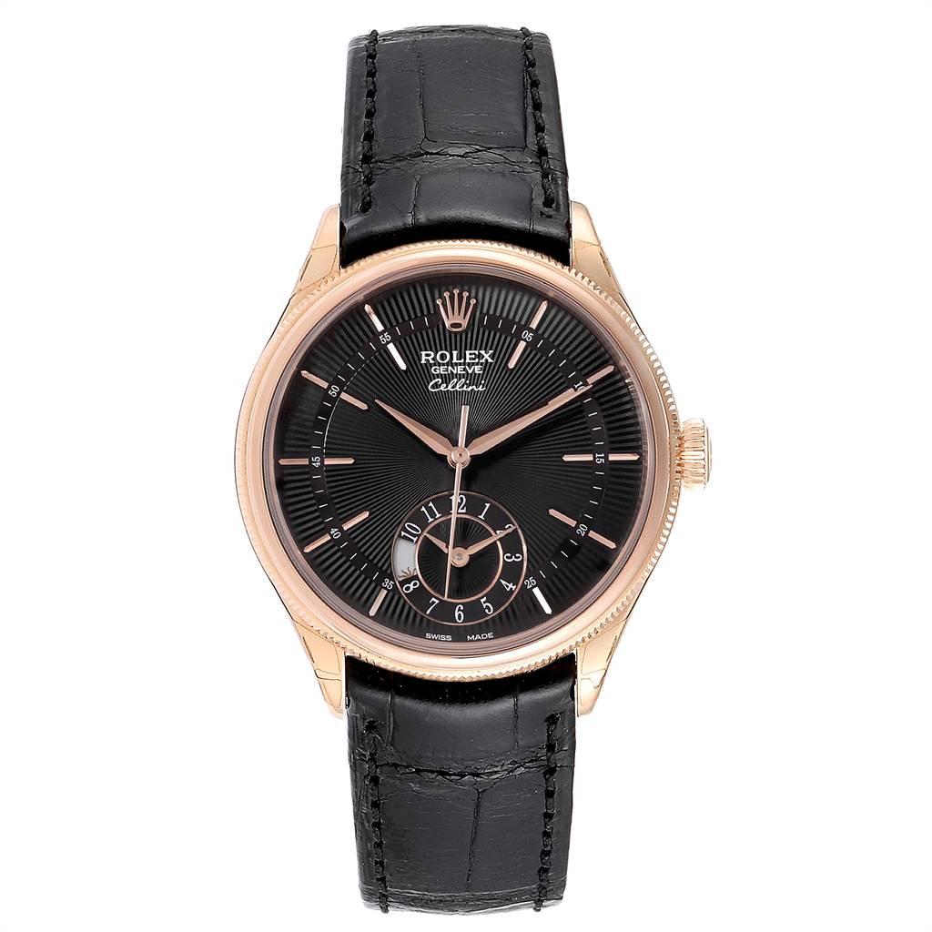 Rolex Cellini Dual Time Everose Rose Gold Mens Watch 50525 Unworn. Automatic self-winding movement. Officially certified Swiss chronometer (COSC). Paramagnetic blue Parachrom hairspring. Bidirectional self-winding via Perpetual rotor. 18K rose gold