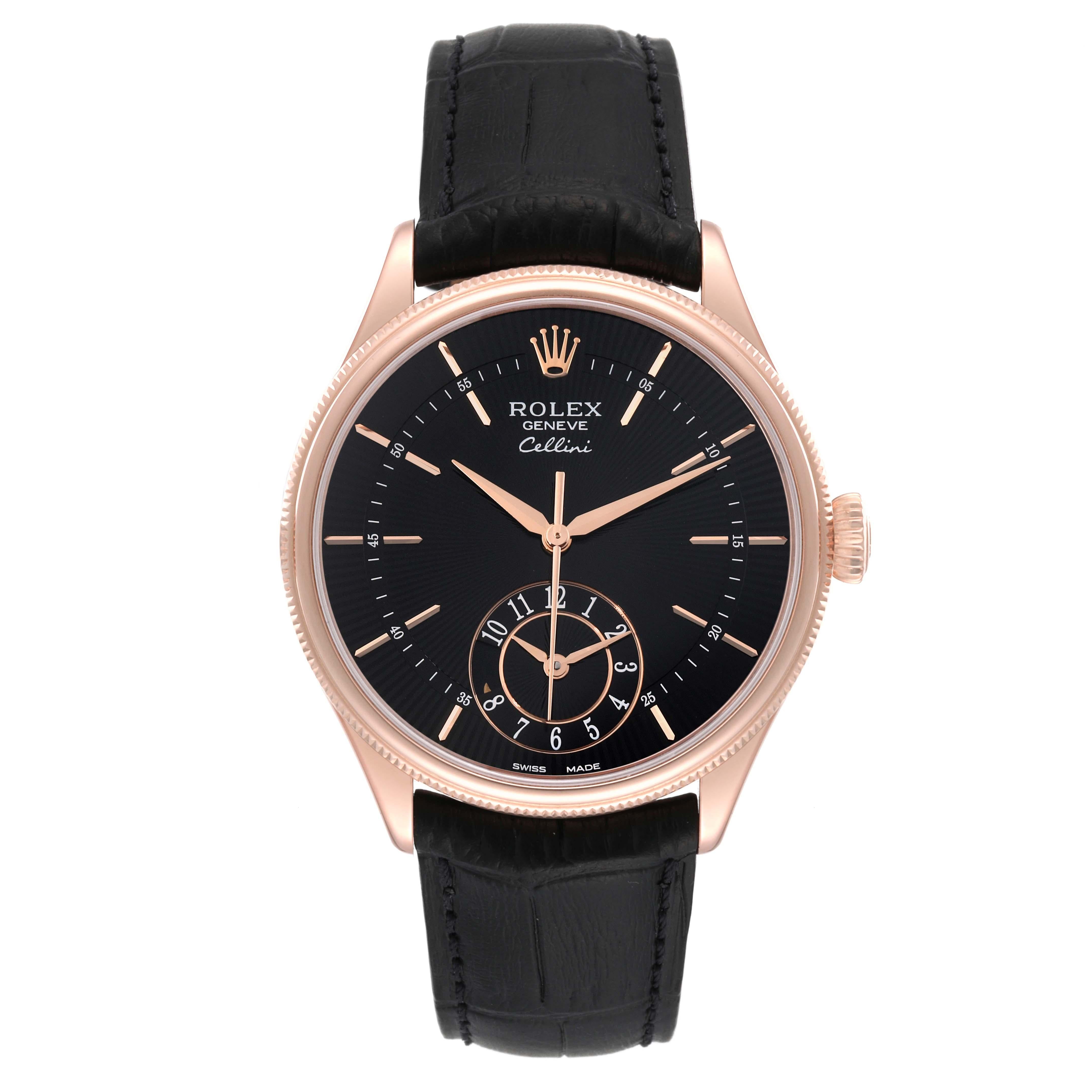 Rolex Cellini Dual Time Rose Gold Automatic Mens Watch 50525. Automatic self-winding movement. Officially certified Swiss chronometer (COSC). Paramagnetic blue Parachrom hairspring. Bidirectional self-winding via Perpetual rotor. 18K rose gold round