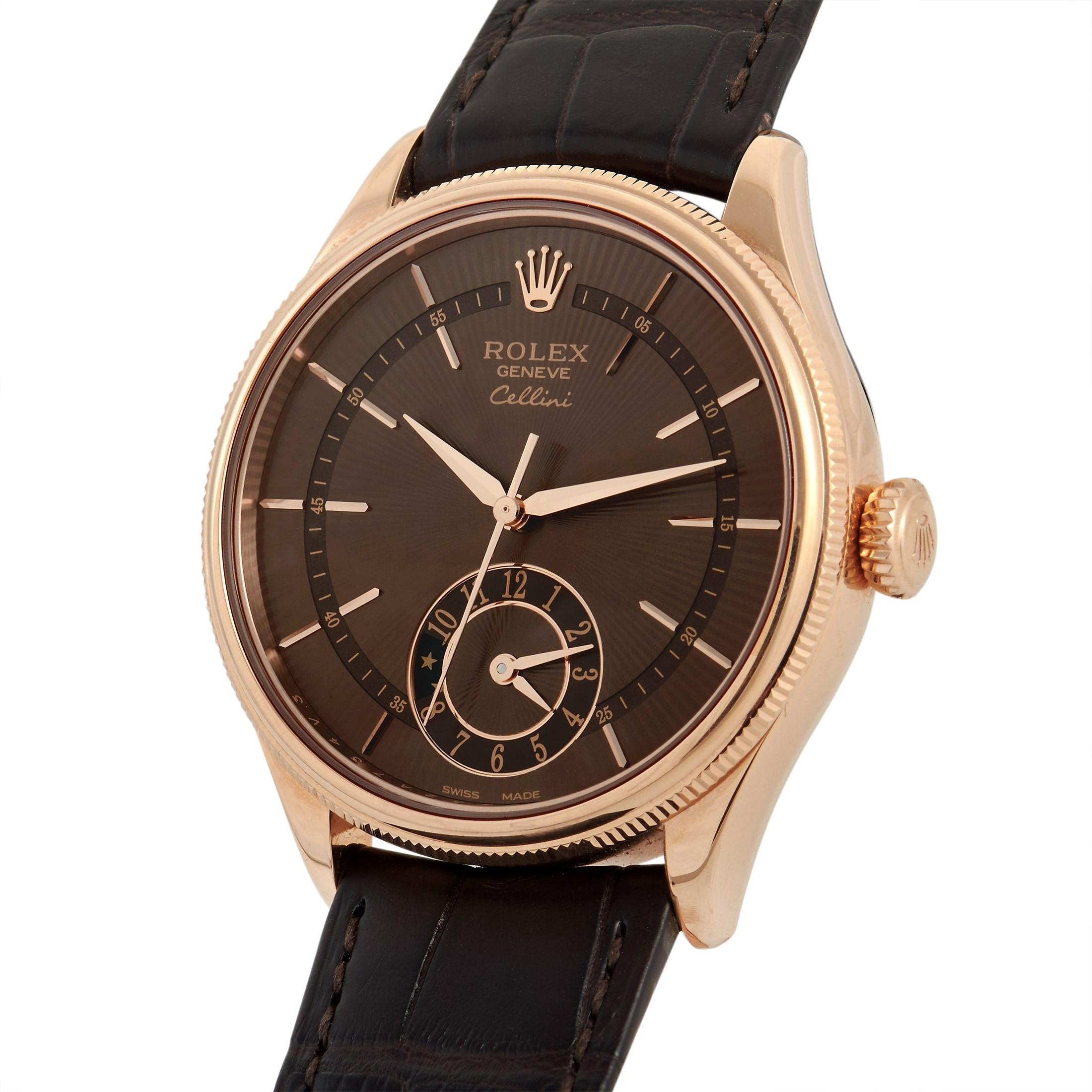 The Rolex Cellini Dual Time Watch, reference number 50525, is truly stunning in design. 

A bold combination of colors and luxurious materials make this an elevated timepiece that will enhance any collection. It features both a polished solid 18k