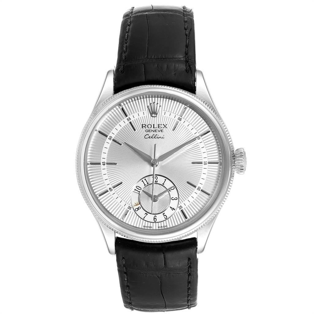 Rolex Cellini Dual Time White Gold Automatic Mens Watch 50529 Box Card. Automatic self-winding movement. Officially certified Swiss chronometer (COSC). Paramagnetic blue Parachrom hairspring. Bidirectional self-winding via Perpetual rotor. 18K white