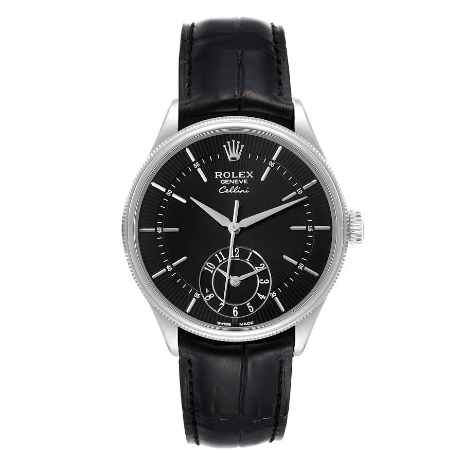 Rolex Cellini Dual Time White Gold Automatic Mens Watch 50529. Automatic self-winding movement. Officially certified Swiss chronometer (COSC). Paramagnetic blue Parachrom hairspring. Bidirectional self-winding via Perpetual rotor. 18K white gold