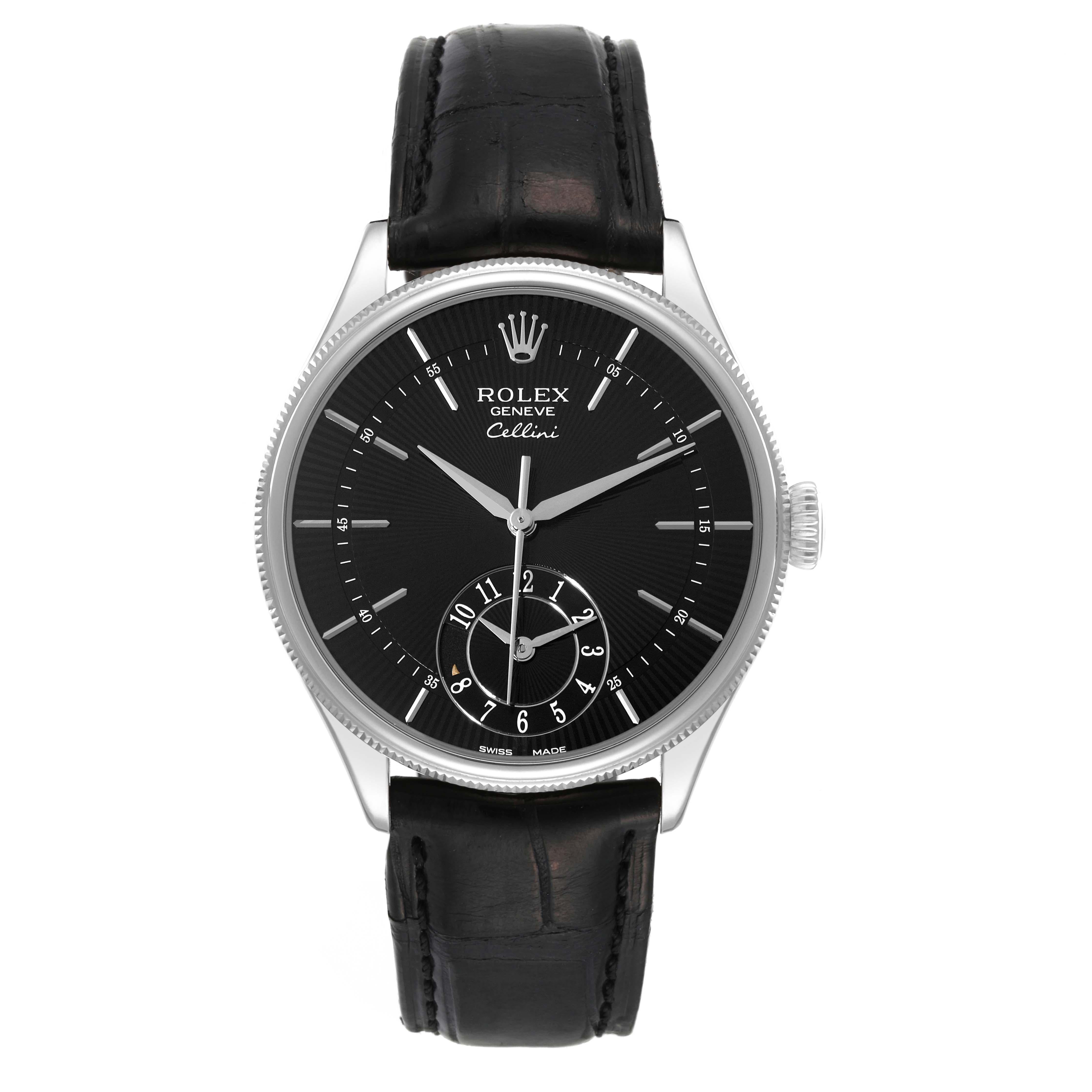 Rolex Cellini Dual Time White Gold Black Dial Automatic Mens Watch 50529. Automatic self-winding movement. Officially certified Swiss chronometer (COSC). Paramagnetic blue Parachrom hairspring. Bidirectional self-winding via Perpetual rotor. 18K
