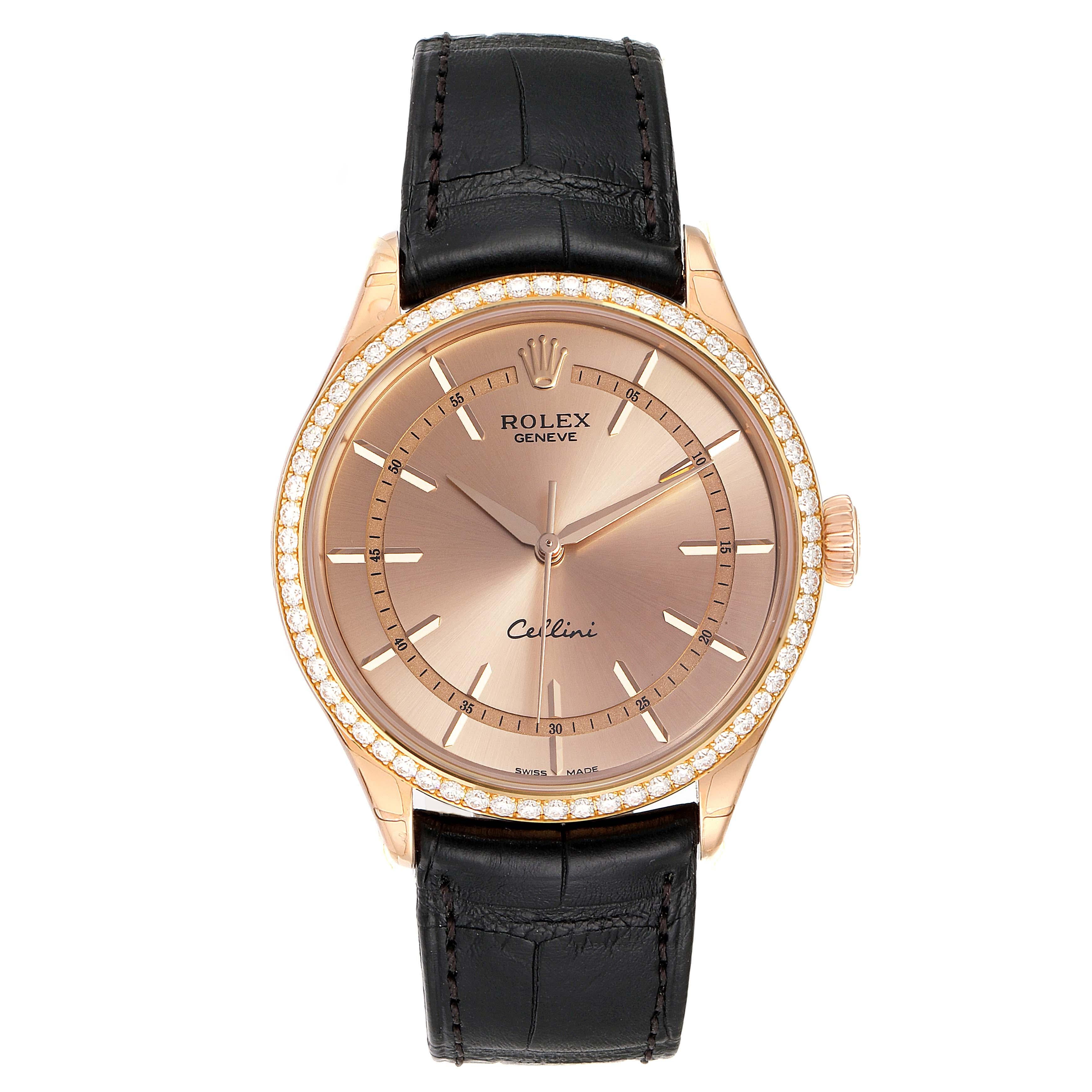 Rolex Cellini Everose Gold Automatic Diamond Mens Watch 50705 Unworn. Automatic self-winding movement. 18K rose gold round case 39 mm in diameter. Rolex logo on a crown. . Scratch resistant sapphire crystal. Pink (Everose tone) dial with baton hour