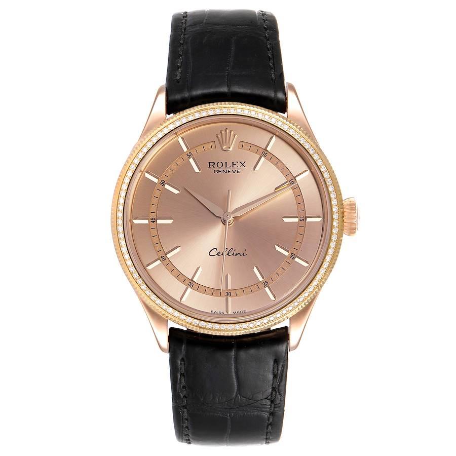 Rolex Cellini Everose Gold Diamond Automatic Mens Watch 50705. Automatic self-winding movement. 18K rose gold round case 39 mm in diameter. Rolex logo on a crown. . Scratch resistant sapphire crystal. Pink (Everose tone) dial with baton hour