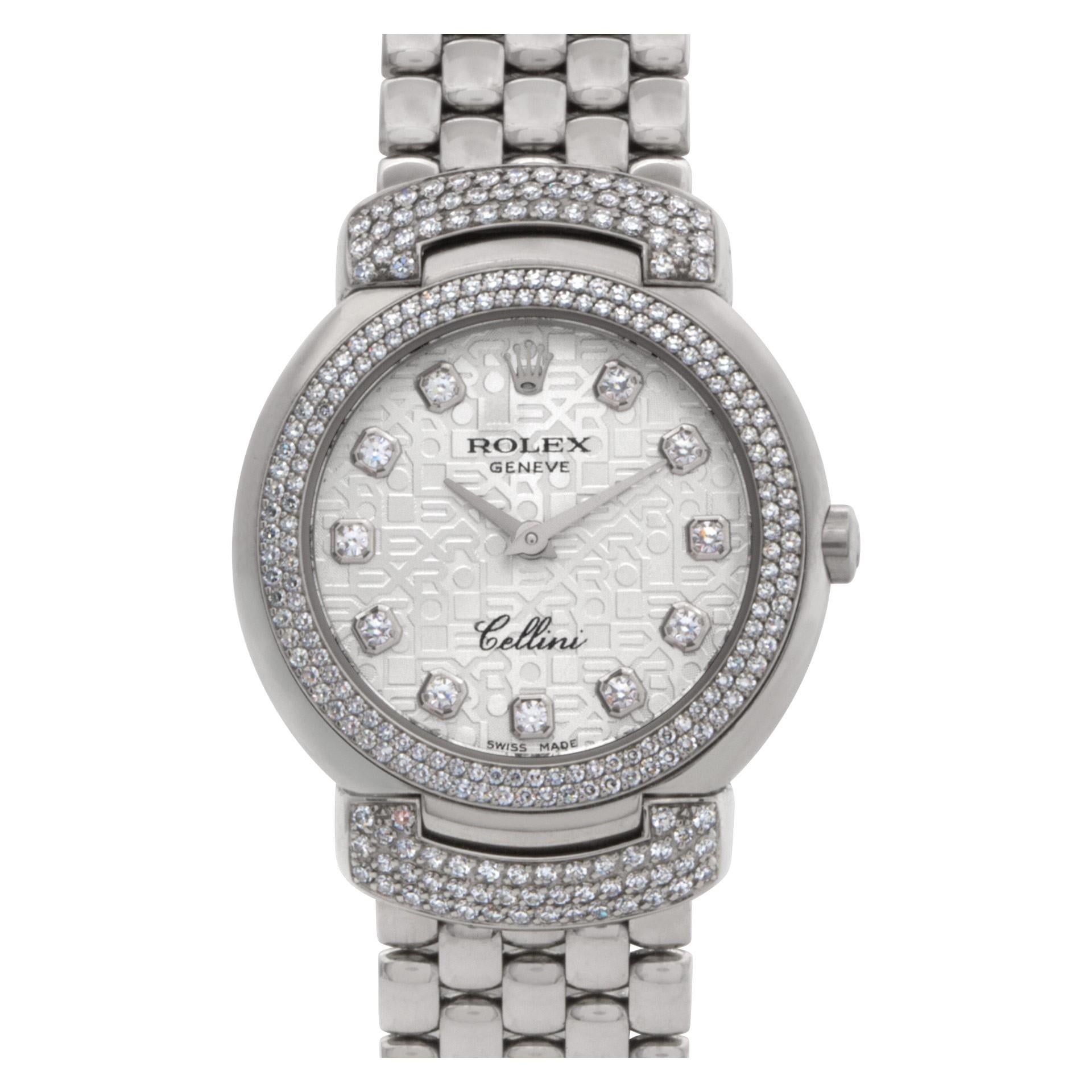 Rolex Cellini in 18k white gold with factory original diamond bezel, lugs and diamond anniversary dial. Quartz. 26 mm case size. Ref 6673. Circa 2006. Fine Pre-owned Rolex Watch.

YOUR PRICE: $14,800.00

Certified preowned Dress Rolex Cellini