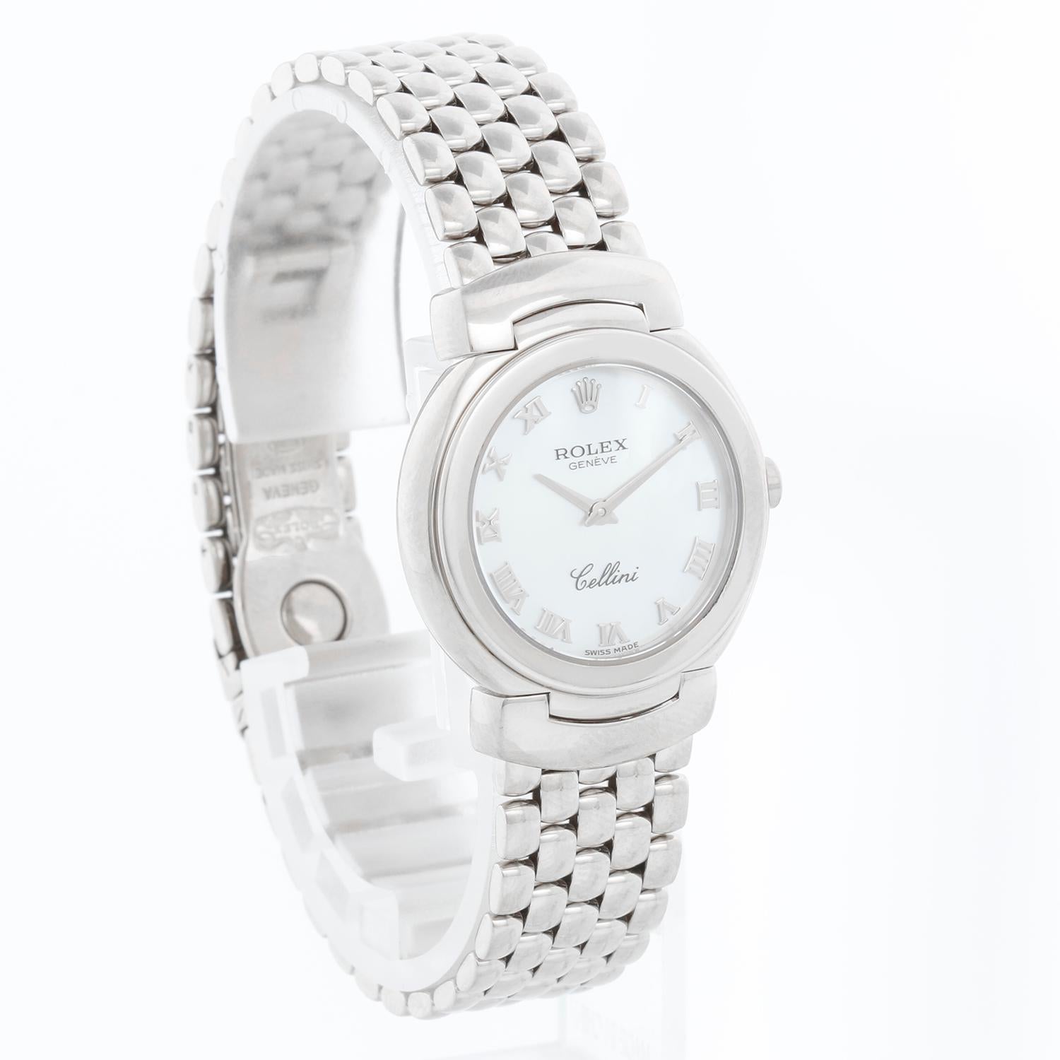 Rolex Cellini Ladies 18k White Gold Diamond Watch 6621/9 - Quartz. 18k white gold case (26mm diameter). Rolex Mother of Pearl dial with Roman numerals. 18K White Gold Rolex 