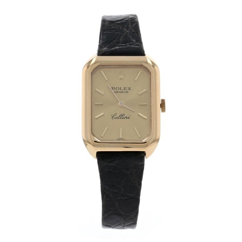 Brand: Rolex
Model: Cellini
Model Number: 4104
Movement: Mechanical
Warranty: One-Year
Year: 1977

Metal Content: 18k Yellow Gold (watch) & Black Genuine Crocodile (band)
Measurements
Case Width (not including the crown): 22.7mm
Band Width: