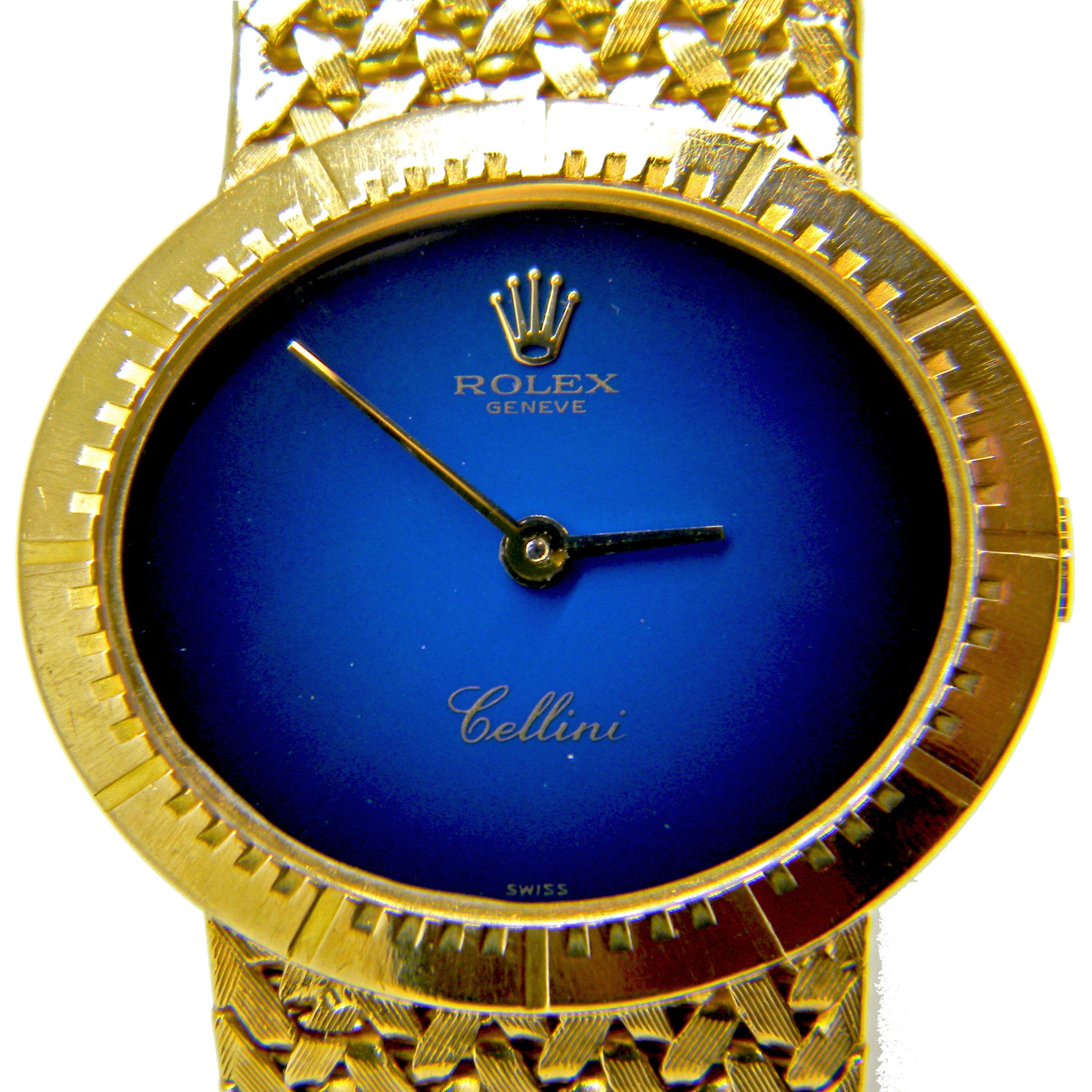 Ladies 1960's Rolex Cellini  18kt Gold Wrist Watch. 
Beautiful oval shaped case with integrated mesh band. 
Mechanical movement.
Blue degrade dial. 
Gold hands. 
Watch has been fully serviced by Rolex Australia including new glass and original