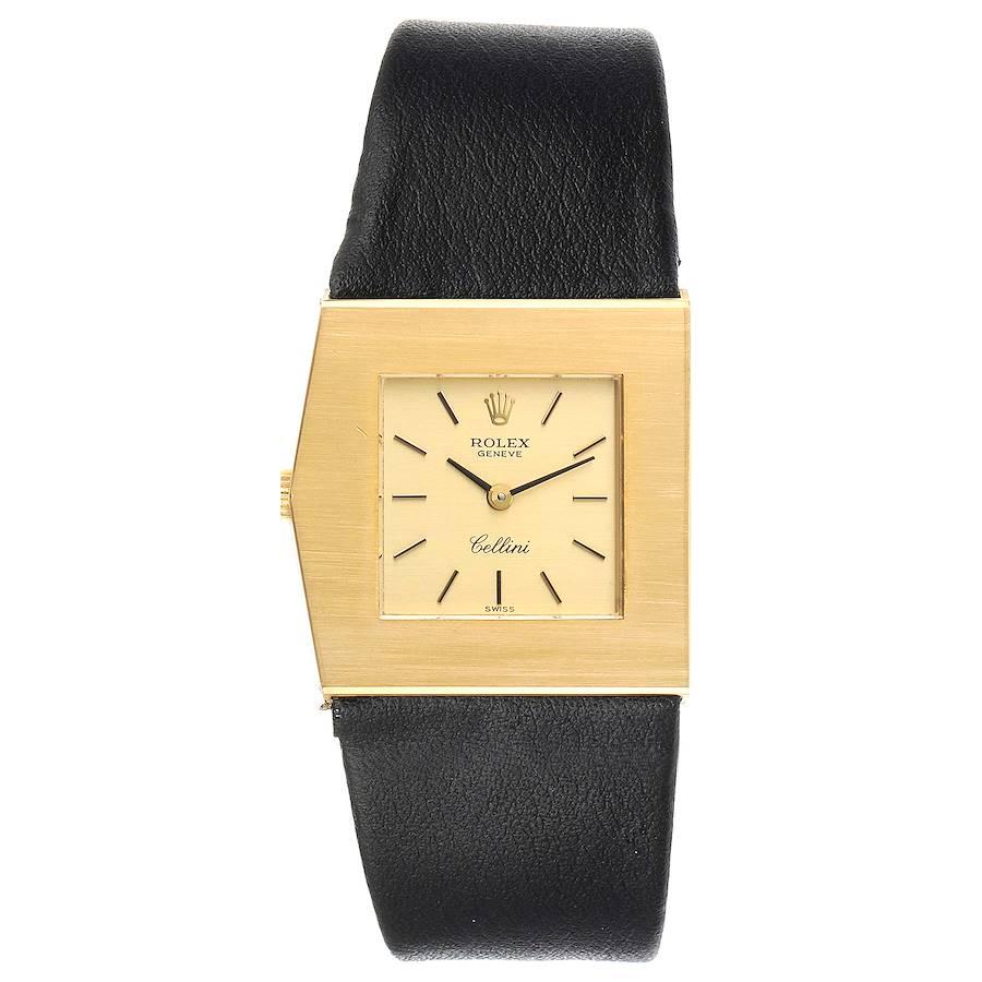 Rolex Cellini Midas Yellow Gold Champagne Dial Vintage Mens Watch 4017. Manual winding movement. 18k yellow gold rectangular asymmetrical case 27.5 x 28.0 mm. Winding crown at 9. 18k yellow gold bezel. Scratch resistant sapphire crystal. Champagne