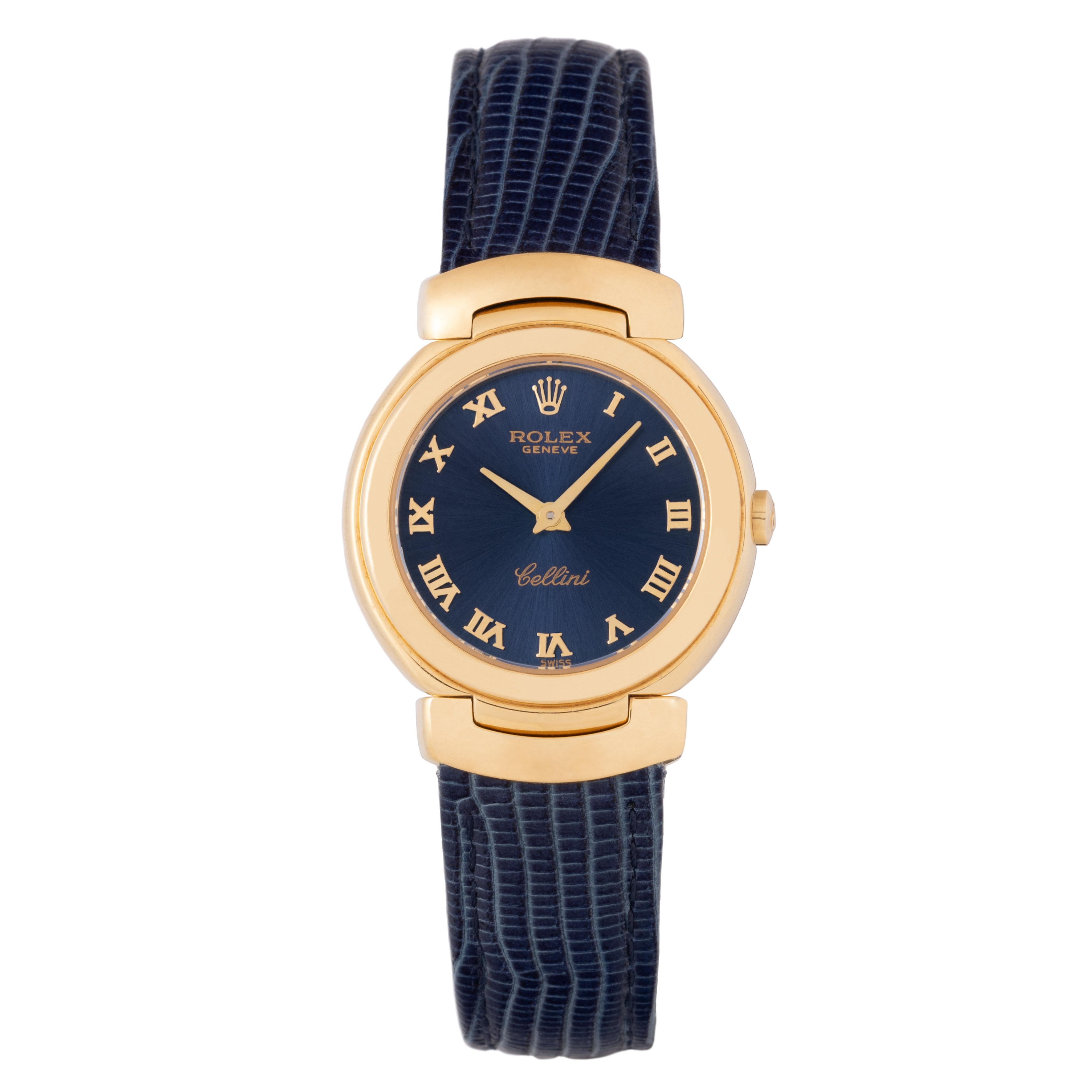 Moderno Rolex Cellini modello 6621 in oro giallo 18k 26mm con cinturino in pelle goffrata blu
