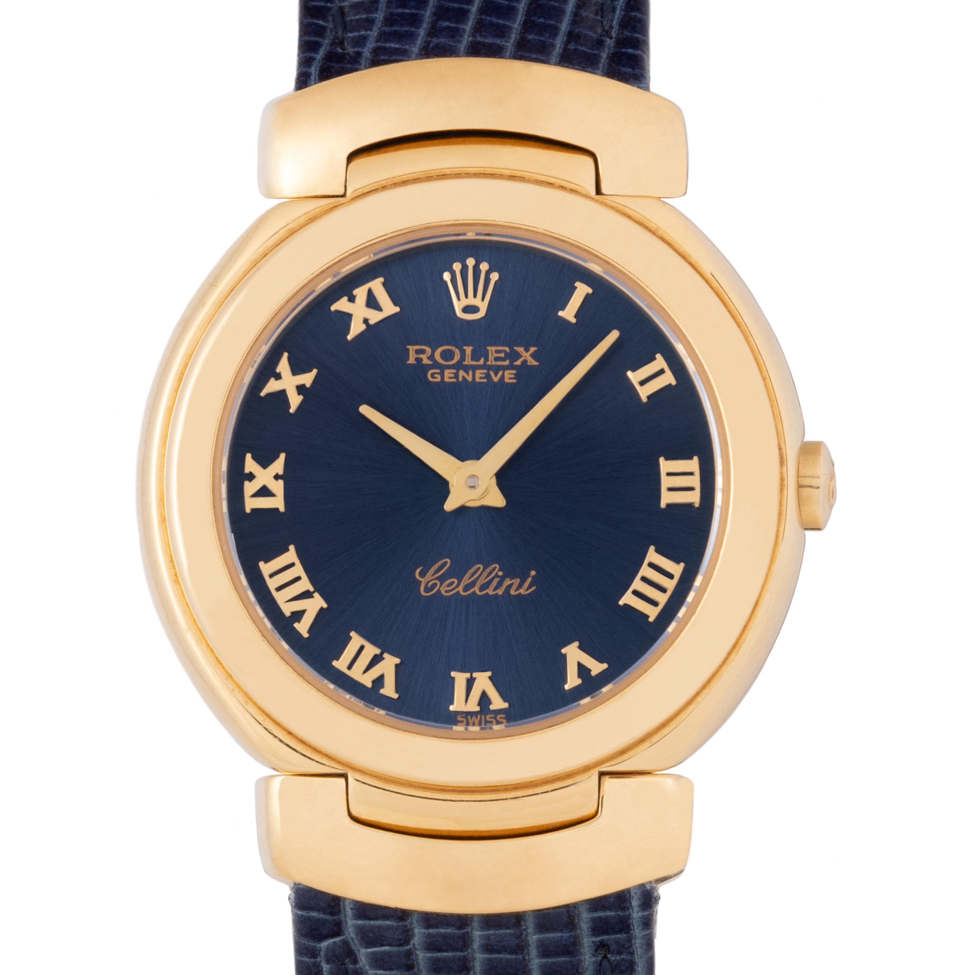 Rolex Cellini modello 6621 in oro giallo 18k 26mm con cinturino in pelle goffrata blu In condizioni buone a New York, NY