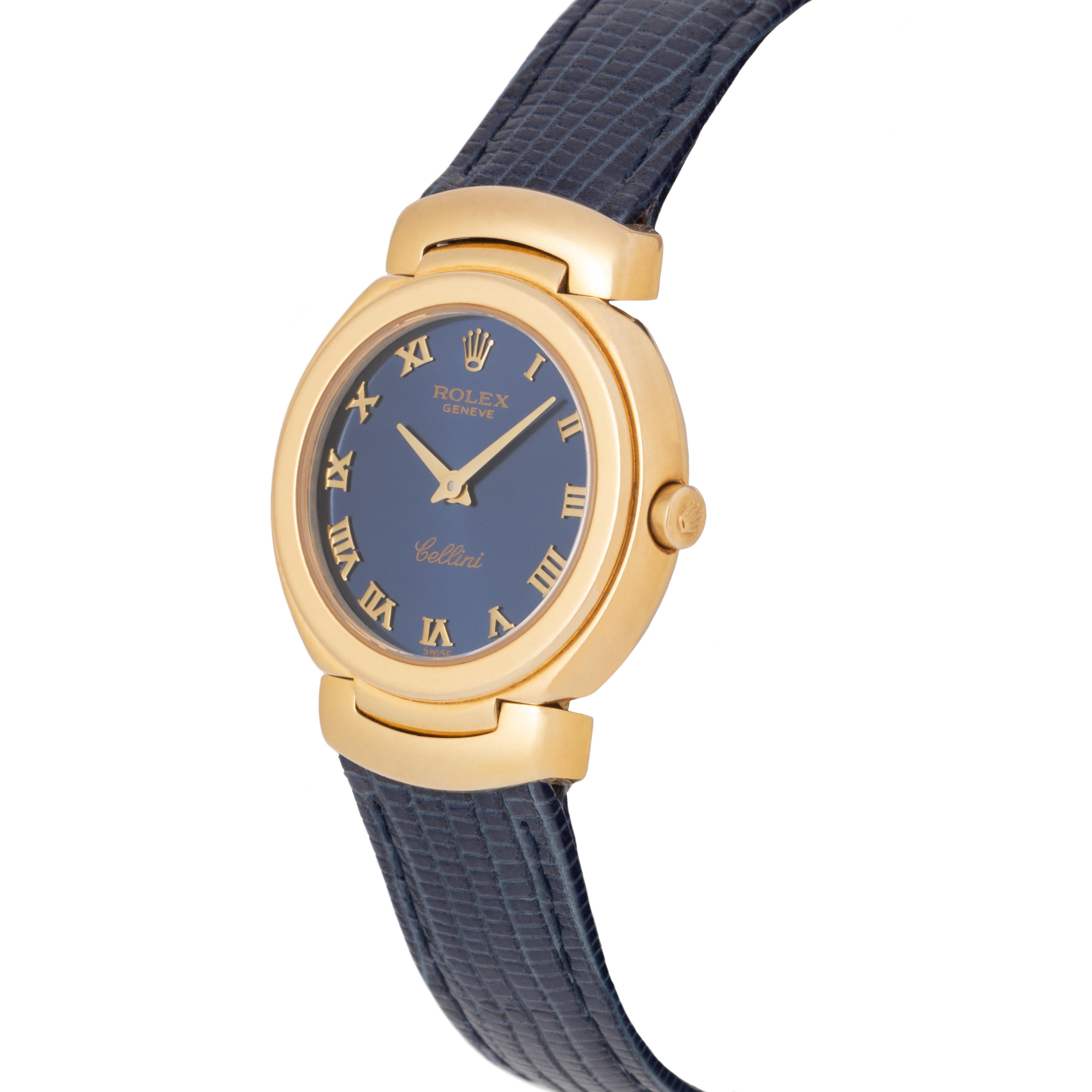 da uomo o donna Rolex Cellini modello 6621 in oro giallo 18k 26mm con cinturino in pelle goffrata blu