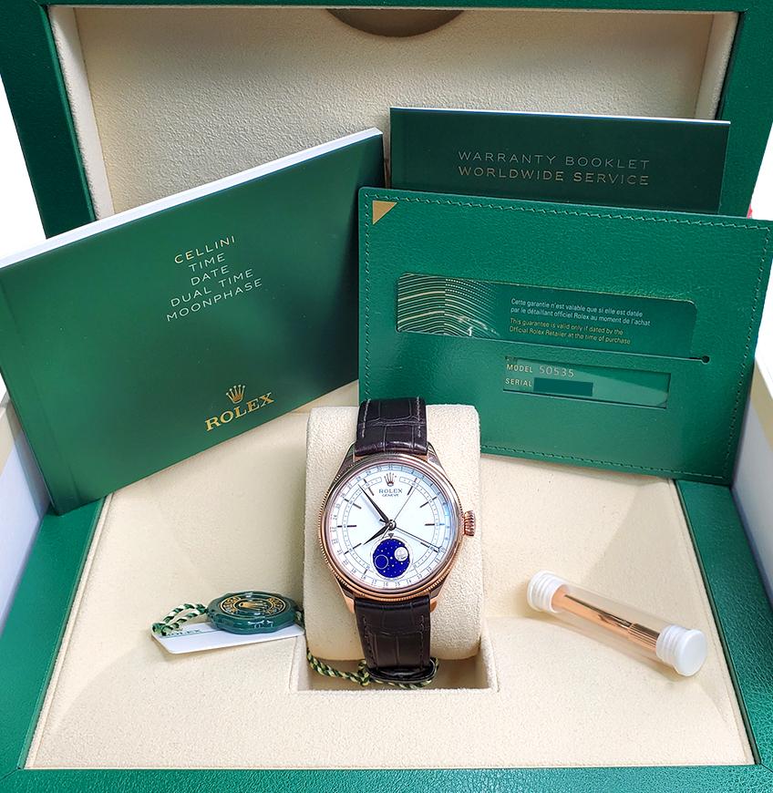 Rolex Cellini Moonphase 39mm 50535 Everose Golduhr 2021 Box/Bücher/Pin Pusher (Moderne) im Angebot
