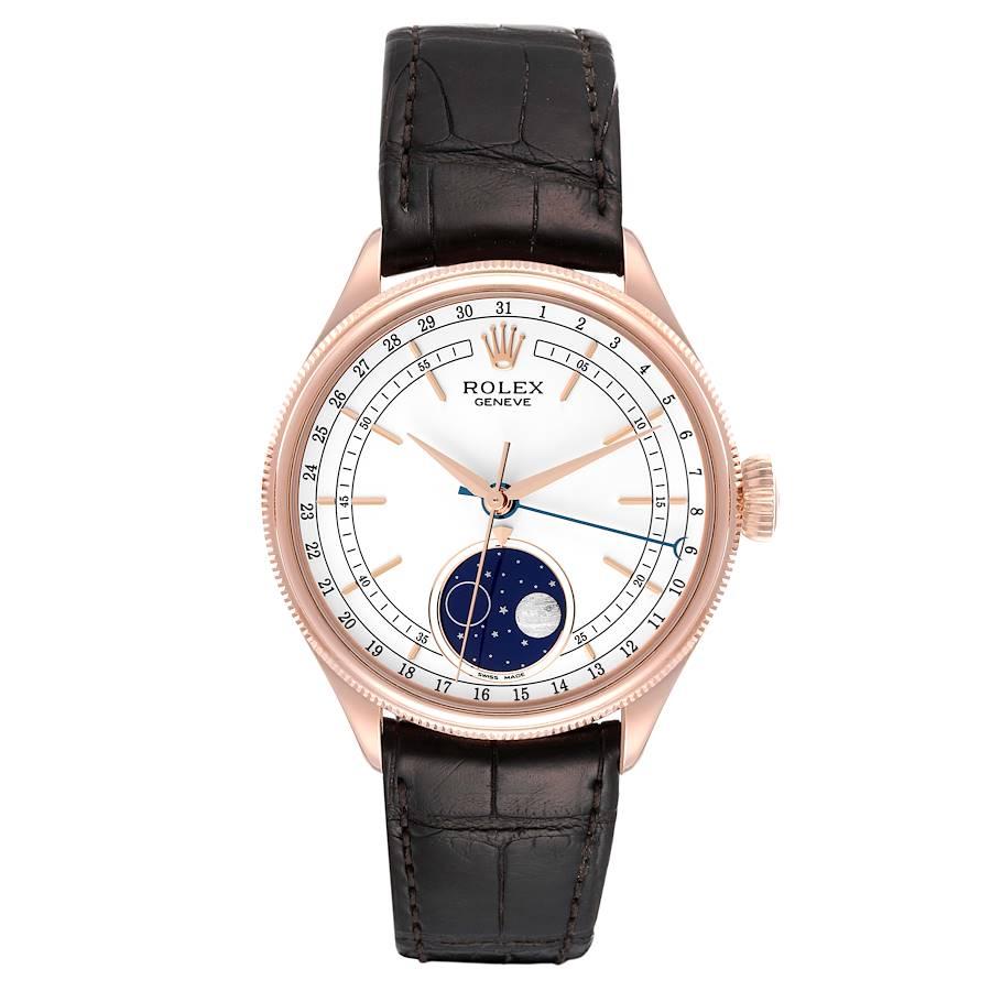 Rolex Cellini Moonphase Everose Gold Automatic Mens Watch 50535. Automatic self-winding movement. Officially certified Swiss chronometer (COSC). Paramagnetic blue Parachrom hairspring. Bidirectional self-winding via Perpetual rotor. 18K rose gold