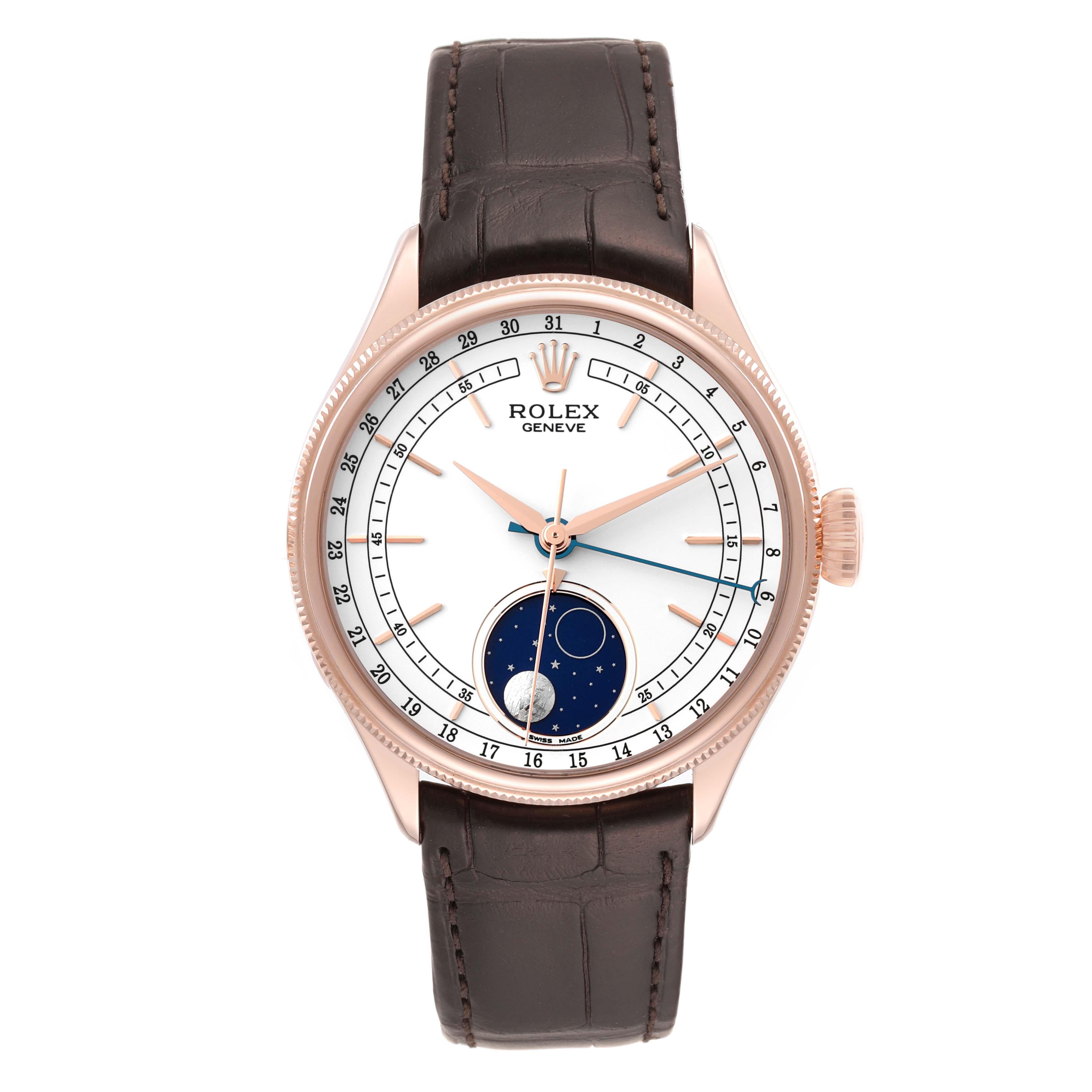 Rolex Cellini Moonphase White Dial Rose Gold Mens Watch 50535 Box Card. Automatic self-winding movement. Officially certified Swiss chronometer (COSC). Paramagnetic blue Parachrom hairspring. Bidirectional self-winding via Perpetual rotor. 18K
