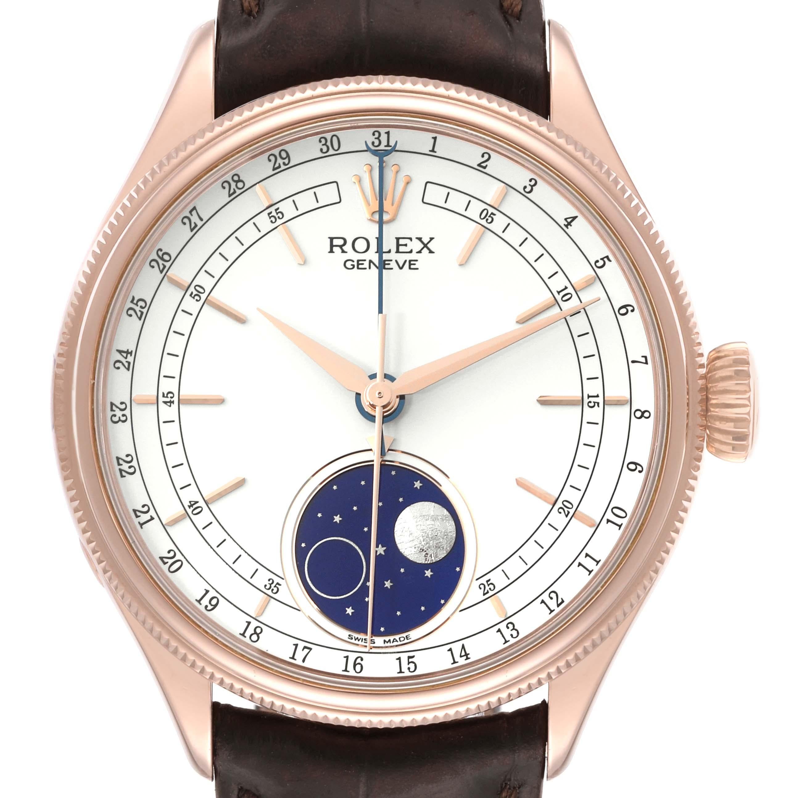 Rolex Cellini Moonphase White Dial Rose Gold Mens Watch 50535 Box Card. Automatic self-winding movement. Officially certified Swiss chronometer (COSC). Paramagnetic blue Parachrom hairspring. Bidirectional self-winding via Perpetual rotor. 18K