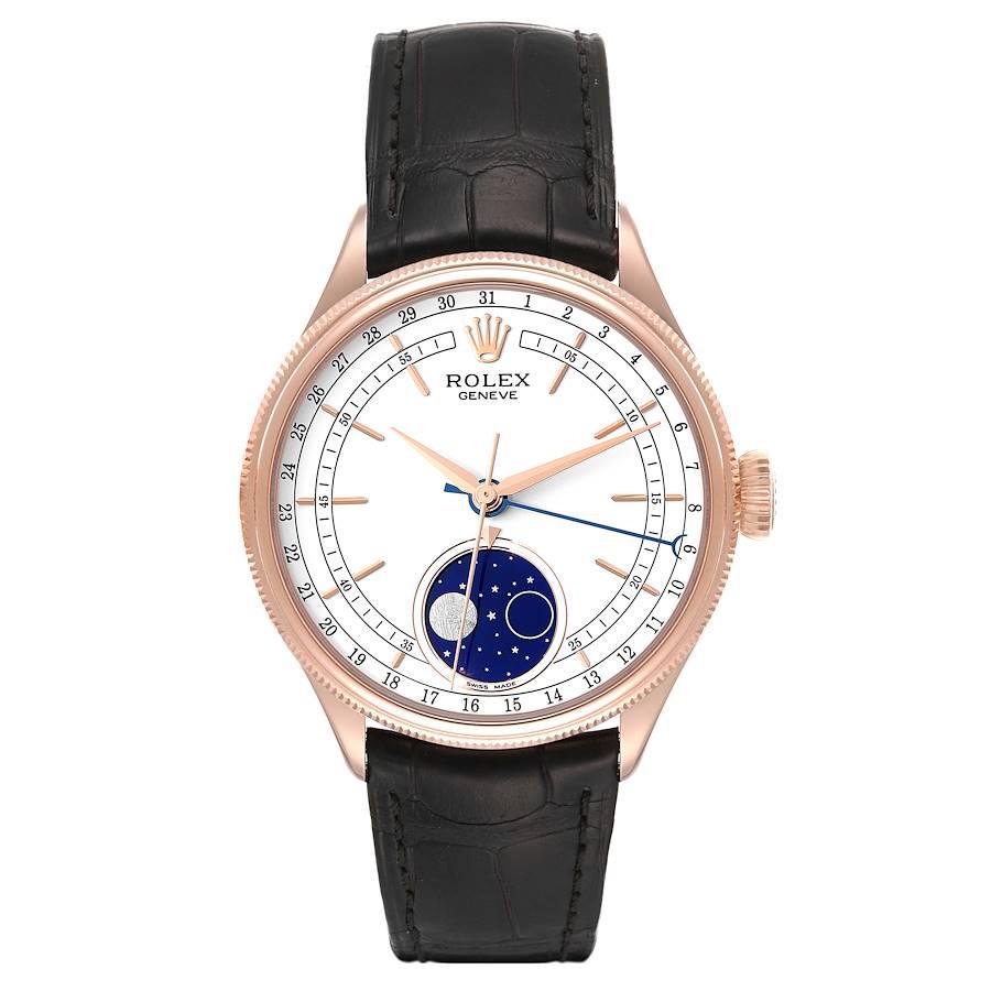 Rolex Cellini Moonphase Weißes Zifferblatt Rose Gold Herrenuhr 50535. Automatisches Uhrwerk mit Selbstaufzug. Offiziell zertifizierter Schweizer Chronometer (COSC). Paramagnetische blaue Parachrom-Spirale. Bidirektionaler Automatikaufzug über