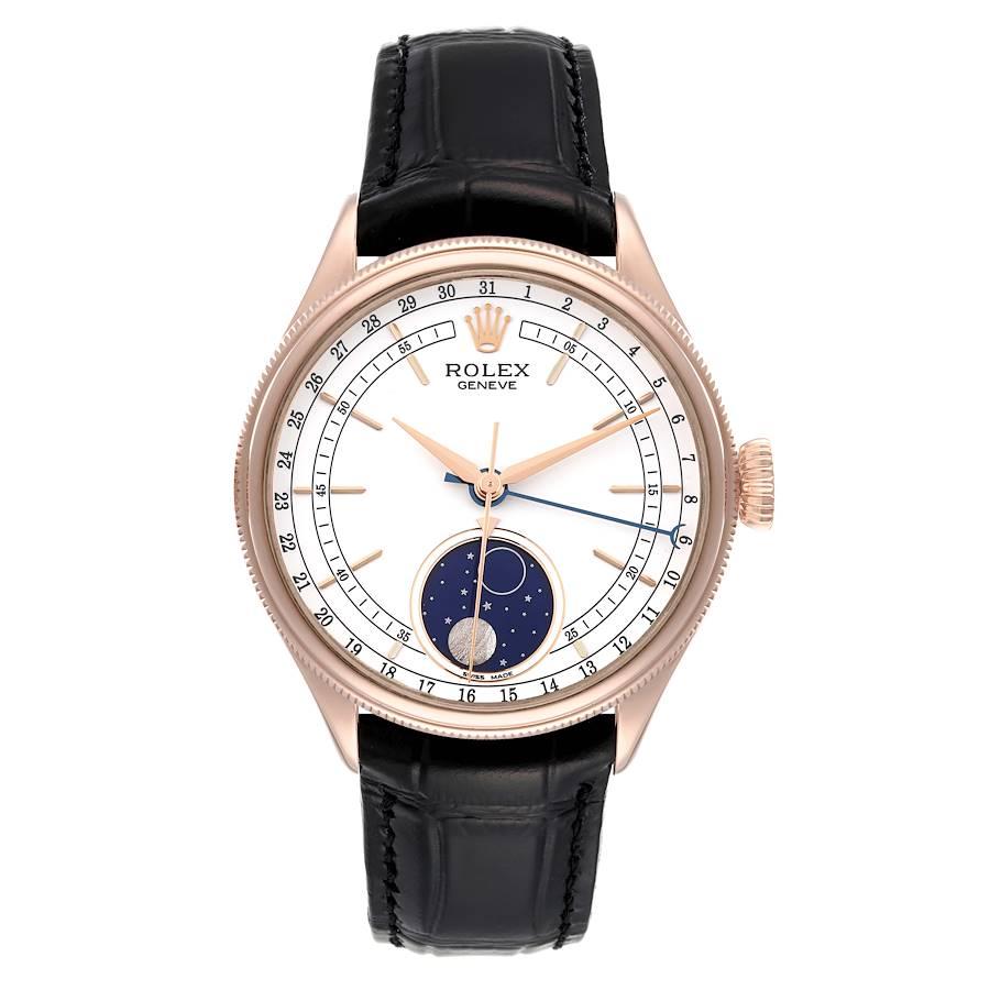 Rolex Cellini Moonphase White Dial Rose Gold Mens Watch 50535. Automatic self-winding movement. Officially certified Swiss chronometer (COSC). Paramagnetic blue Parachrom hairspring. Bidirectional self-winding via Perpetual rotor. 18K Everose gold