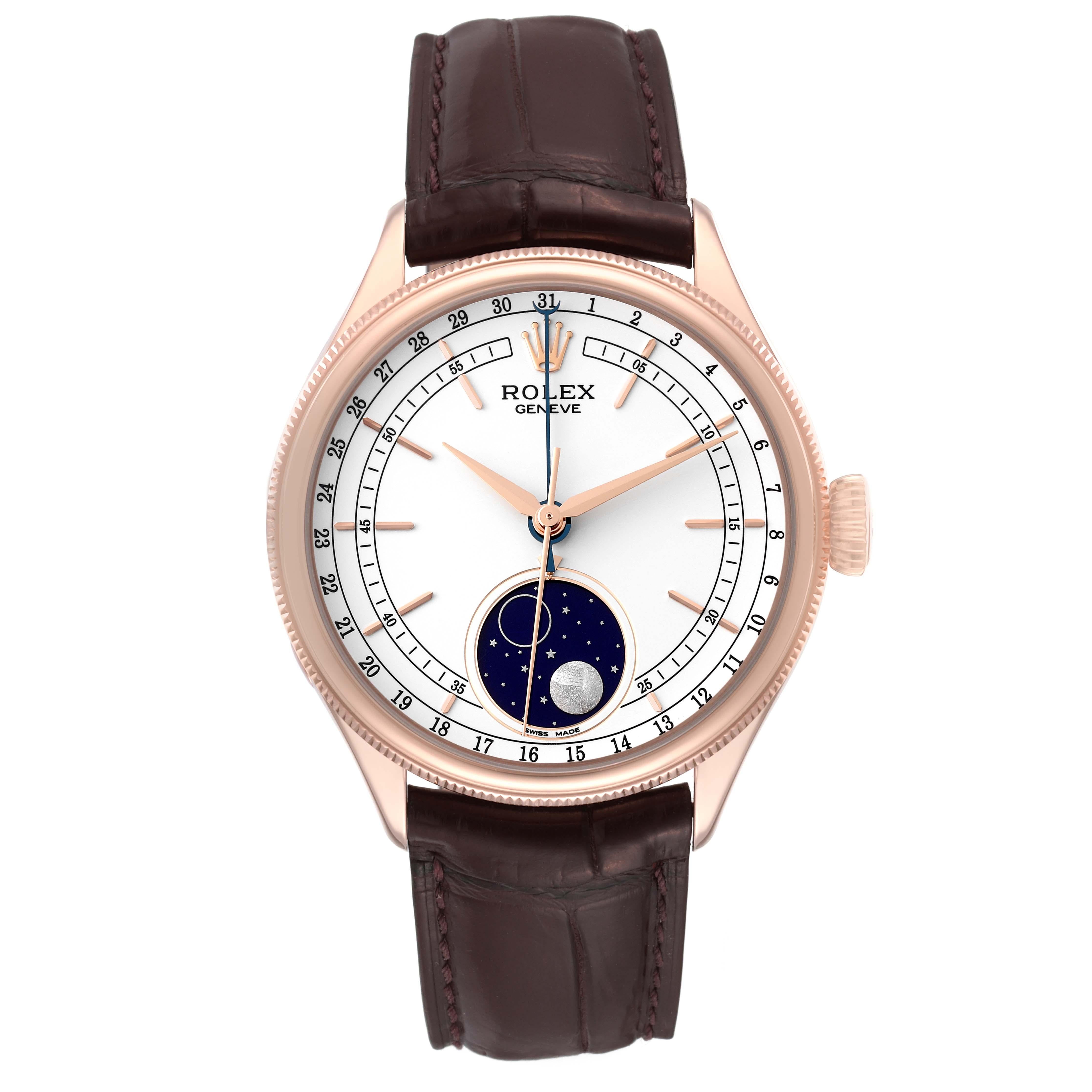 Rolex Cellini Moonphase White Dial Rose Gold Mens Watch 50535. Automatic self-winding movement. Officially certified Swiss chronometer (COSC). Paramagnetic blue Parachrom hairspring. Bidirectional self-winding via Perpetual rotor. 18K Everose gold