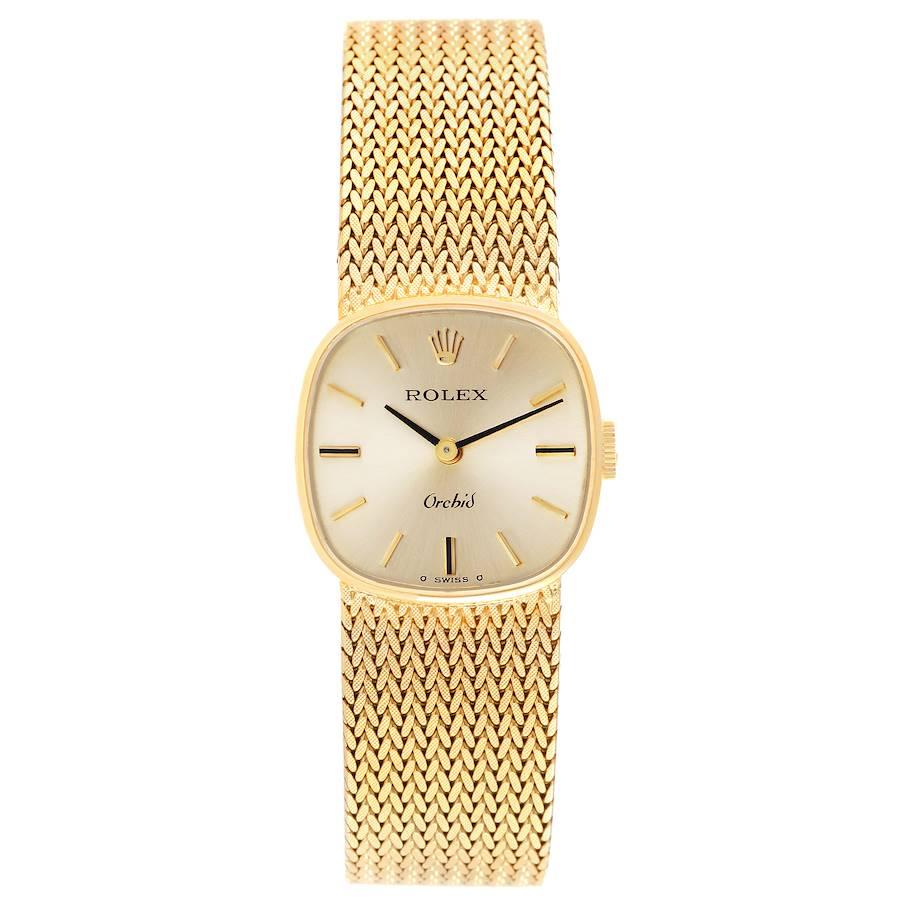 Rolex Cellini Orchid Yellow Gold Vintage Cocktail Ladies Watch 2672 Papers. Manual winding movement. 18k yellow gold case 20.5 x 20.5 mm in diameter. . Scratch resistant sapphire crystal. Silver dial with raised baton hour markers. 18k yellow gold