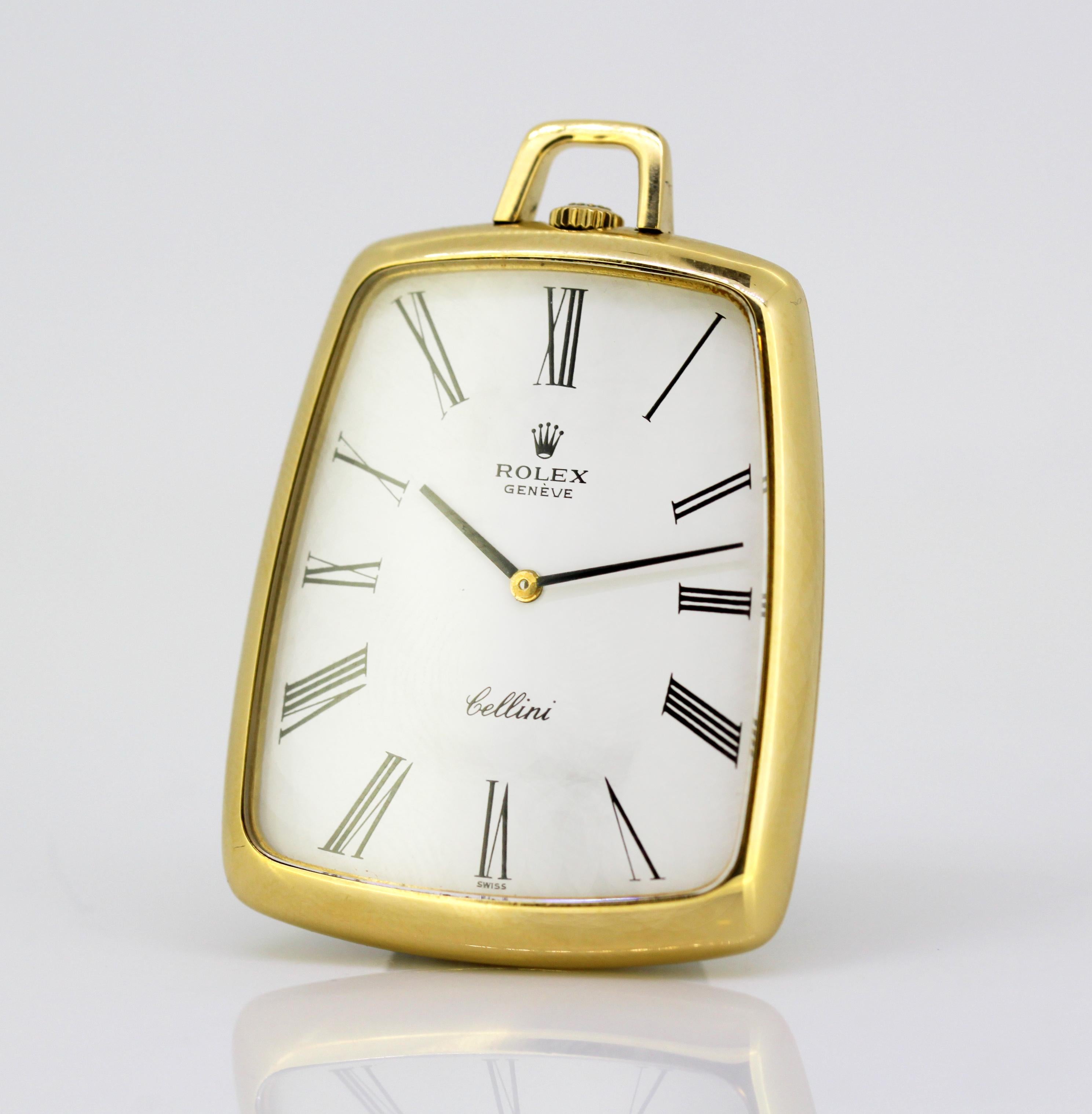 Rolex Cellini 18K Gold Pocket Watch
Made in Switzerland Circa 1970's
Fully hallmarked
Pocket Watch Ref : 3727

Movement: Mechanical
Display type : Analogue
Dial : White ( See Photos )
Casing Material : 18K Gold
Hands : Black

Dimensions - 
Size :