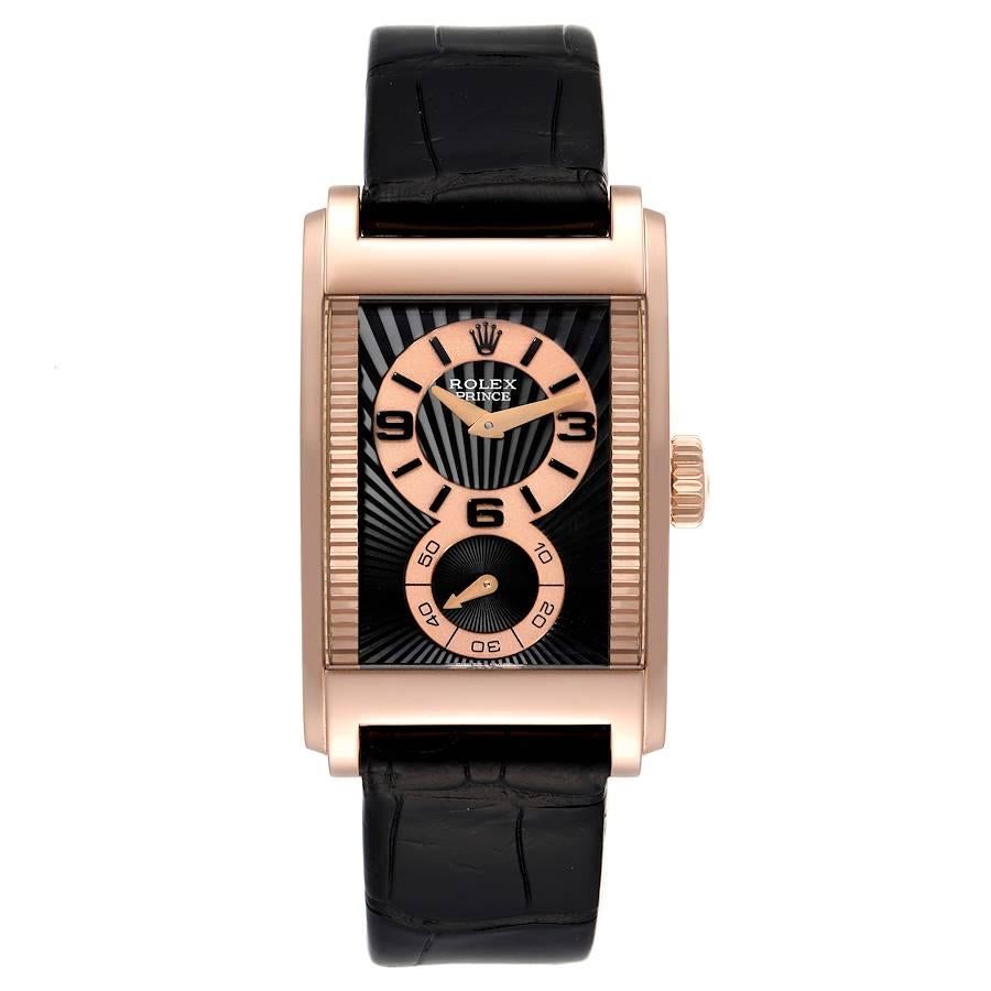 Rolex Cellini Prince 18K Rose Gold Black Dial Mens Watch 5442. Manual winding movement. 18k Everose gold case 28.0 x 47.0 mm. Rolex logo on a crown. Exhibition sapphire crystal case back. . Scratch resistant sapphire crystal. Black and gold dial