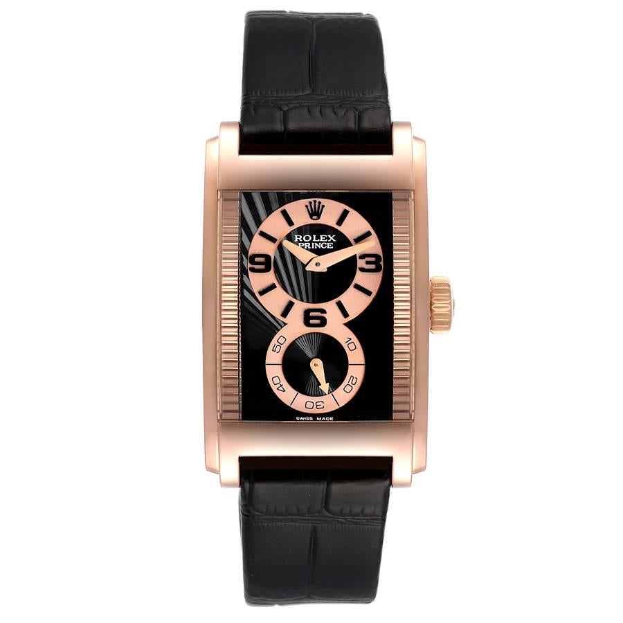 Rolex Cellini Prince 18K Rose Gold Black Dial Mens Watch 5442. Manual winding movement. 18k Everose gold case 28.0 x 47.0 mm. Rolex logo on a crown. Exhibition sapphire crystal case back. . Scratch resistant sapphire crystal. Black and gold dial