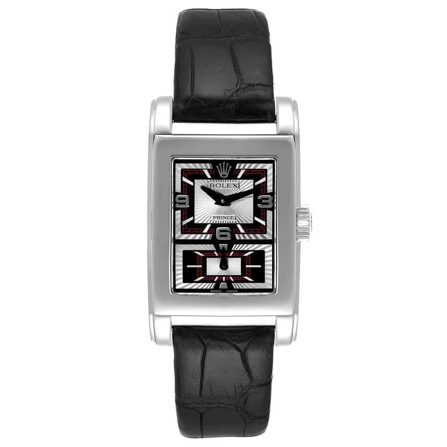 Rolex Cellini Prince Black Dial 18K White Gold Mens Watch 5443. Manual winding movement. 18k white gold case 28 x 47 mm. Rolex logo on a crown. Exhibition sapphire crystal case back. . Scratch resistant sapphire crystal. Black and silver dial with