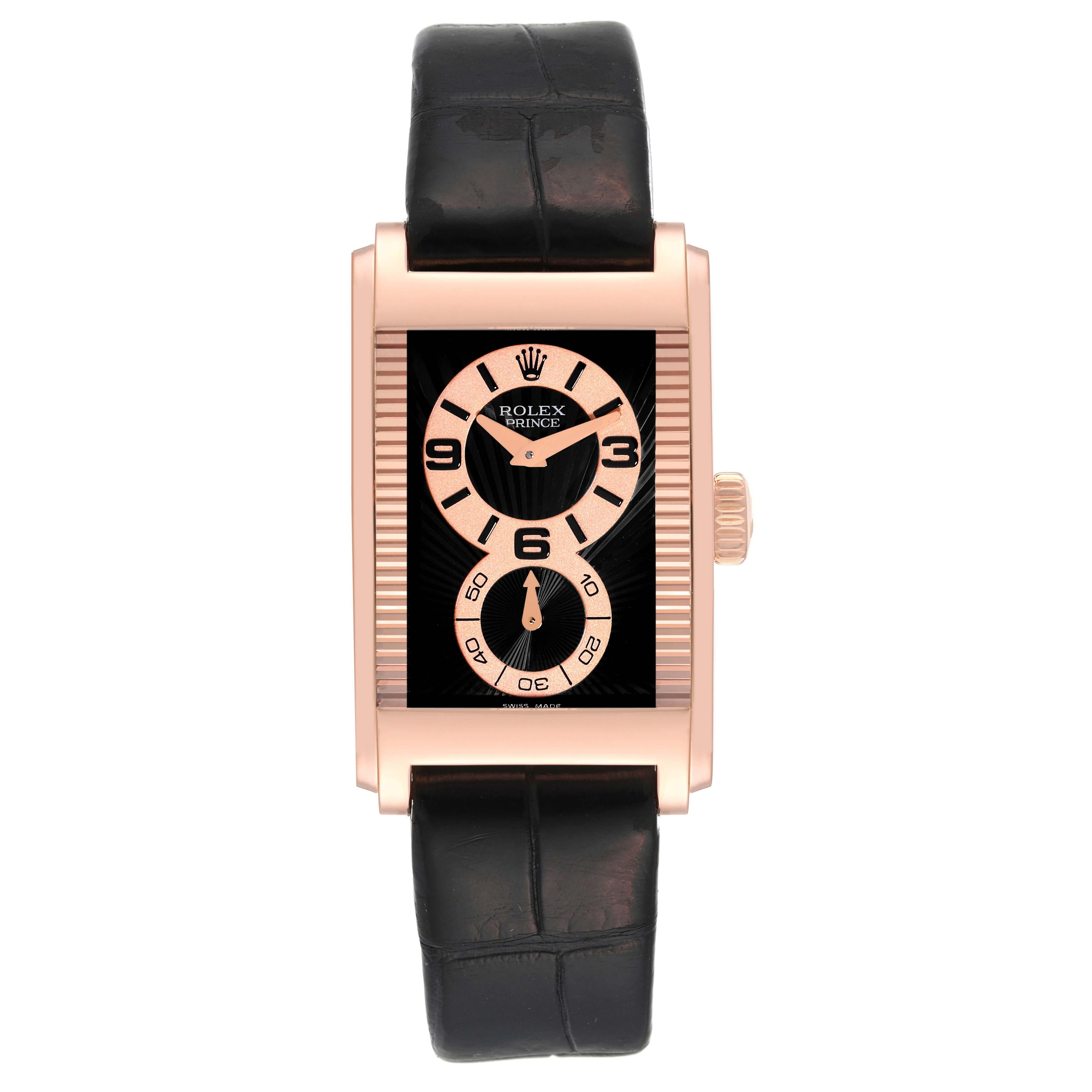 Rolex Cellini Prince Rose Gold Black Dial Leather Strap Mens Watch 5442 Box Card. Manual winding movement. 18k Everose gold case 28.0 x 47.0 mm. Rolex logo on a crown. Exhibition transparent sapphire crystal case back. . Scratch resistant sapphire