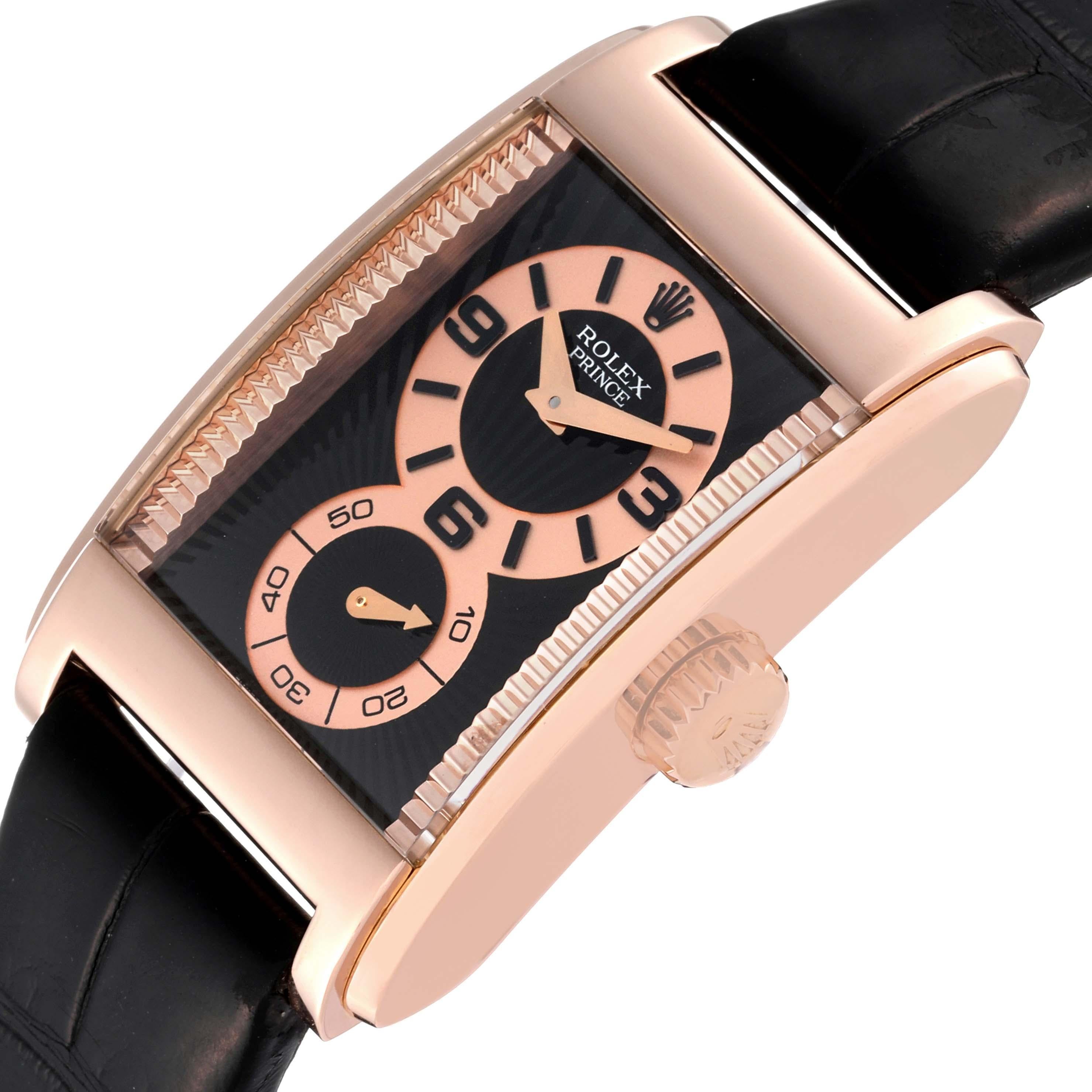 Rolex Cellini Prince Rose Gold Black Dial Leather Strap Mens Watch 5442 Box Card 1