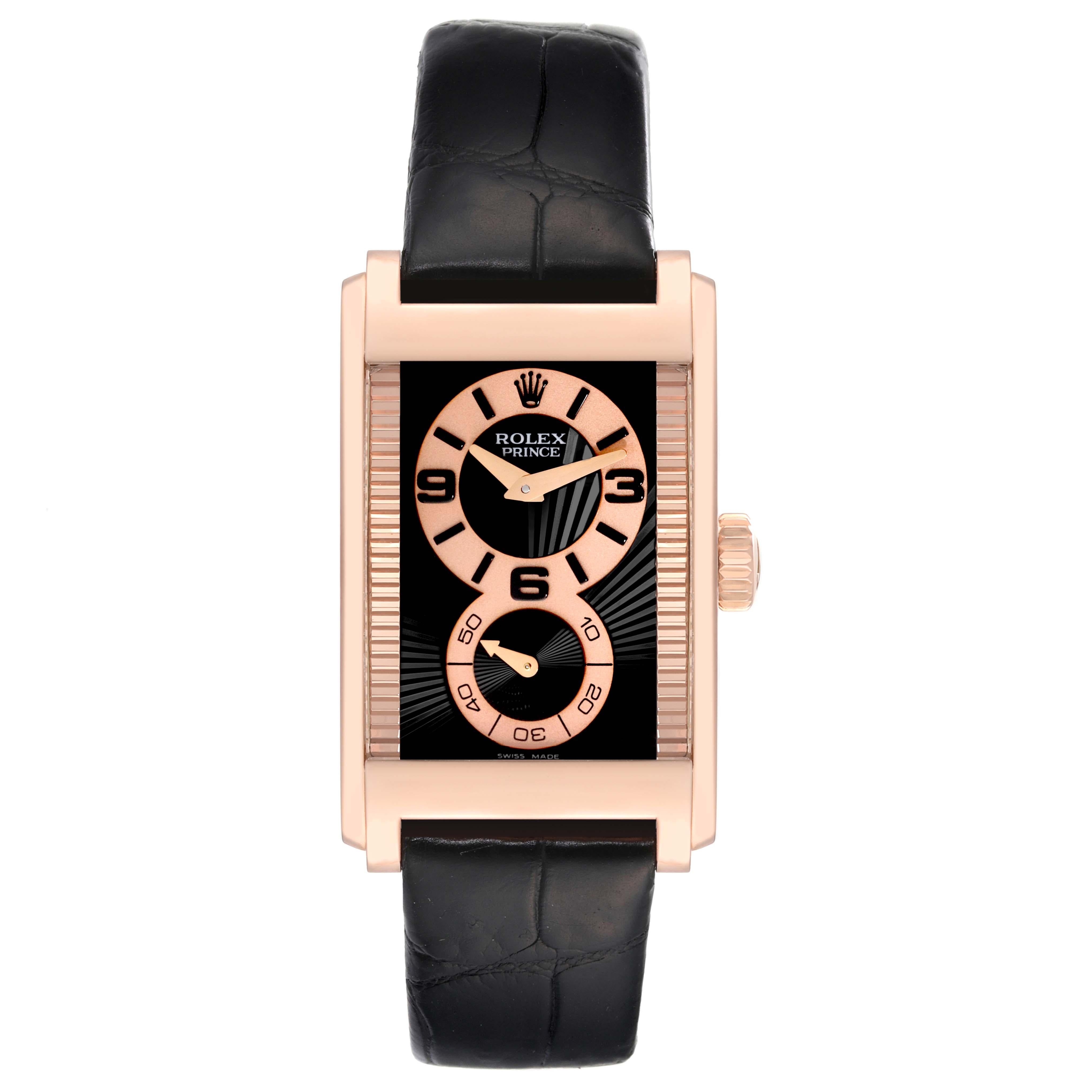 Rolex Cellini Prince Rose Gold Black Dial Leather Strap Mens Watch 5442. Manual winding movement. 18k Everose gold case 28.0 x 47.0 mm. Rolex logo on a crown. Exhibition transparent sapphire crystal case back. . Scratch resistant sapphire crystal.