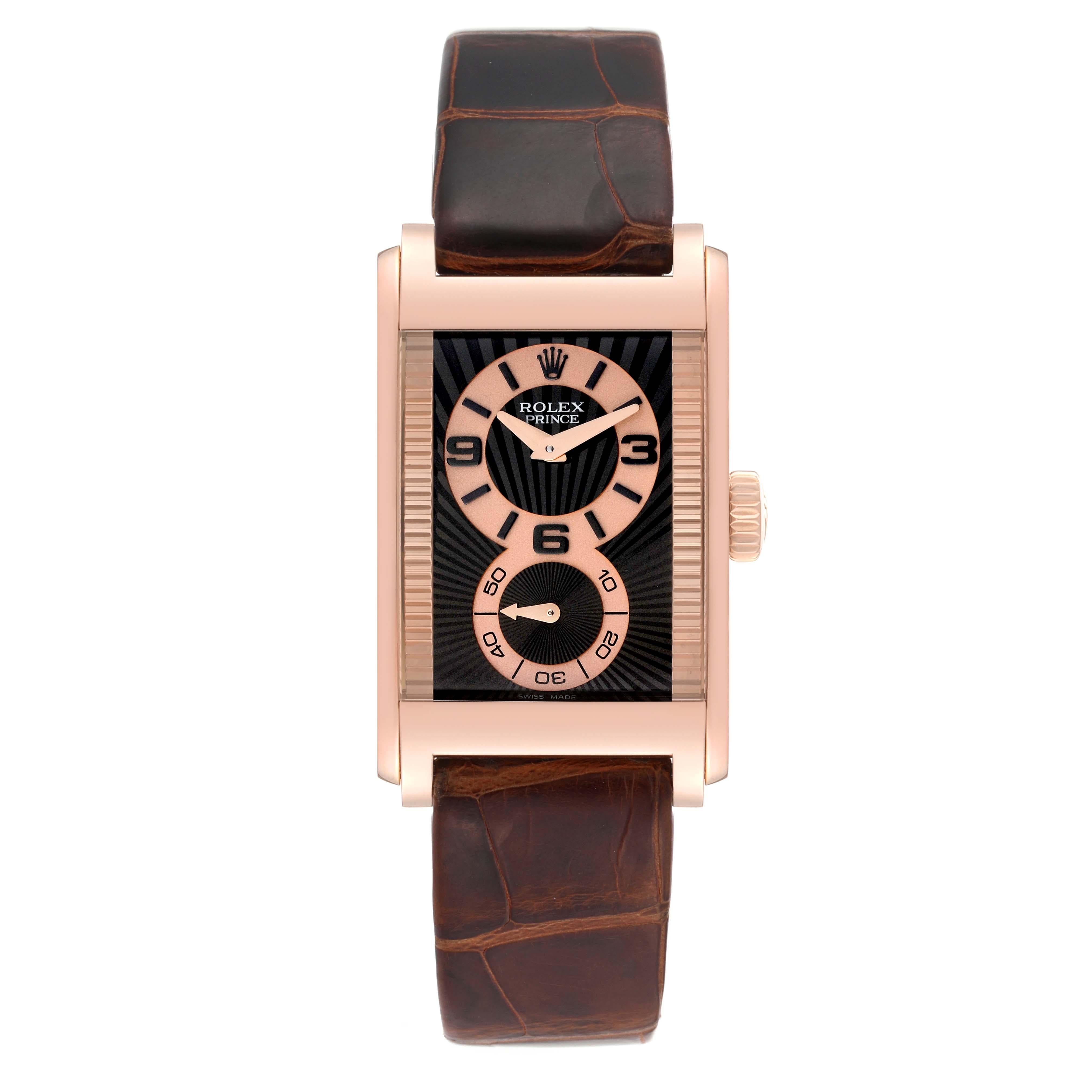 Rolex Cellini Prince Rose Gold Black Dial Leather Strap Mens Watch 5442 en vente 1