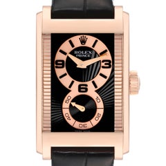 Rolex Cellini Prince Rose Gold Black Dial Leather Strap Mens Watch 5442