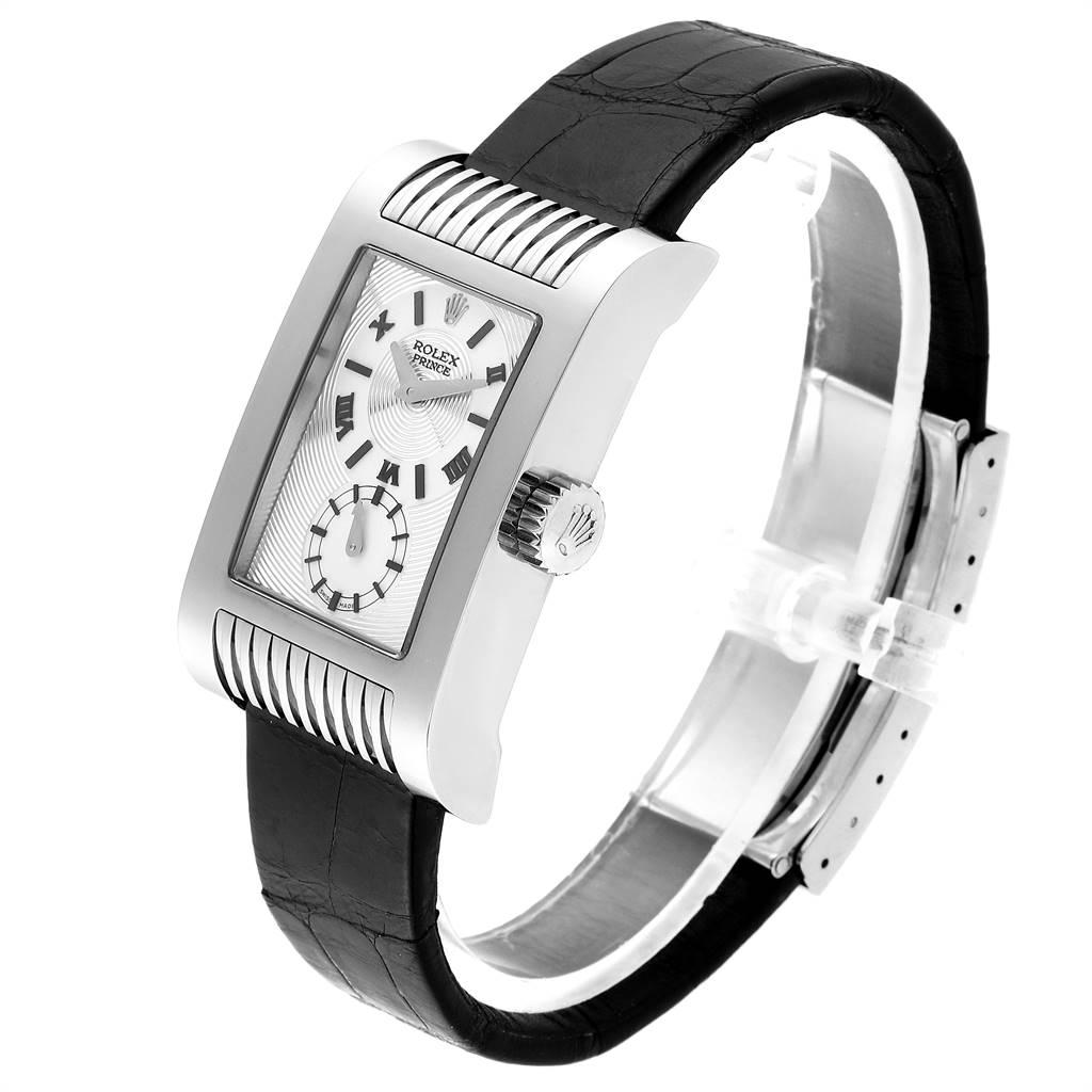 Rolex Cellini Prince White Gold Silver Dial Black Strap Men’s Watch 5441 In Excellent Condition For Sale In Atlanta, GA