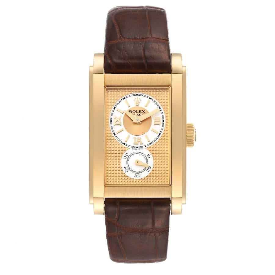 Rolex Cellini Prince Yellow Gold Champagne Dial Mens Watch 5440. Manual winding movement. 18k yellow gold case 28.0 x 47.0 mm. Rolex logo on a crown. Exhibition sapphire crystal case back. . Scratch resistant sapphire crystal. Champagne dial with