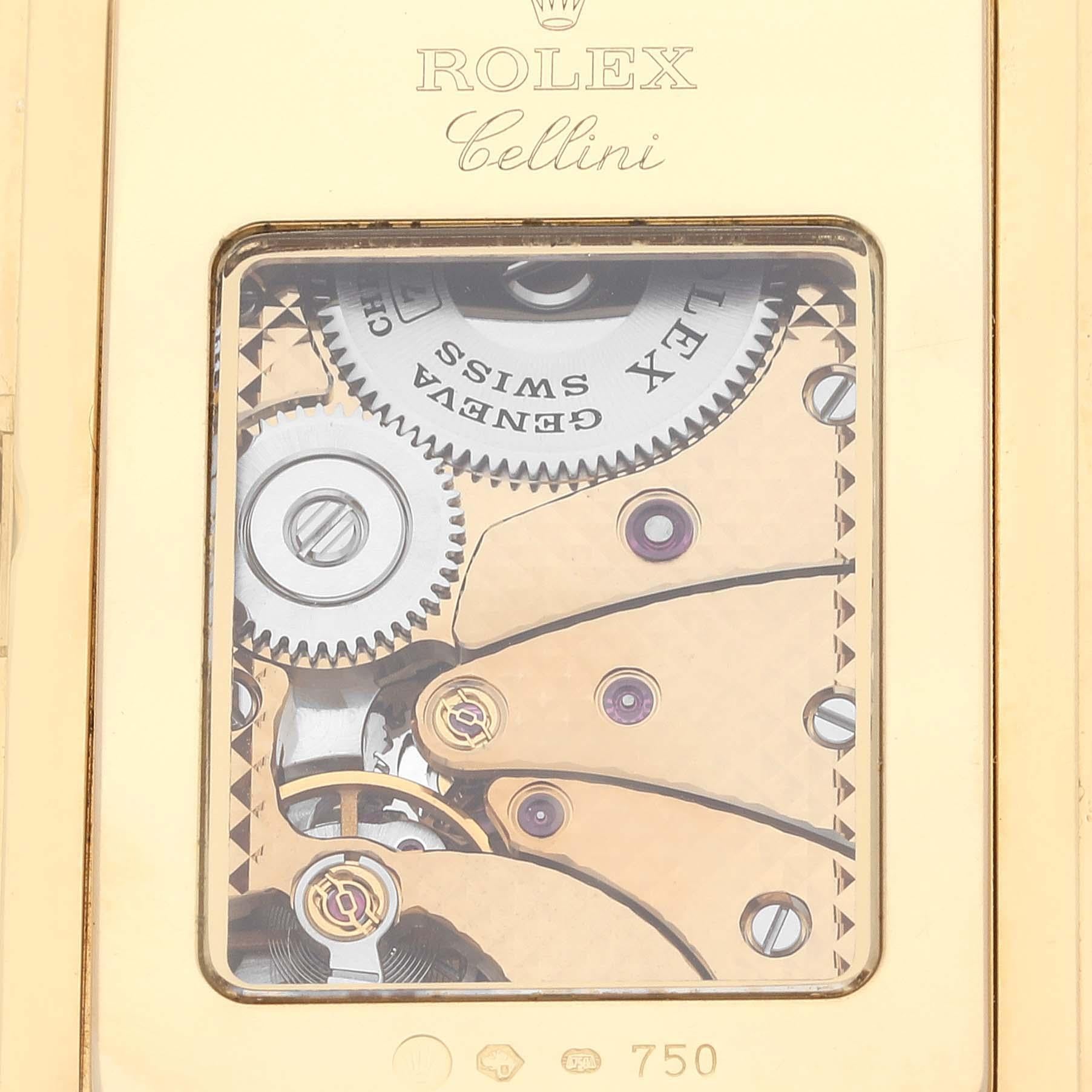 Rolex Cellini Prince Yellow Gold Champagne Roman Dial Mens Watch 5440 Box Card. Manual winding movement. 18k yellow gold case 28.0 x 47.0 mm. Rolex logo on a crown. Exhibition transparent sapphire crystal case back. . Scratch resistant sapphire
