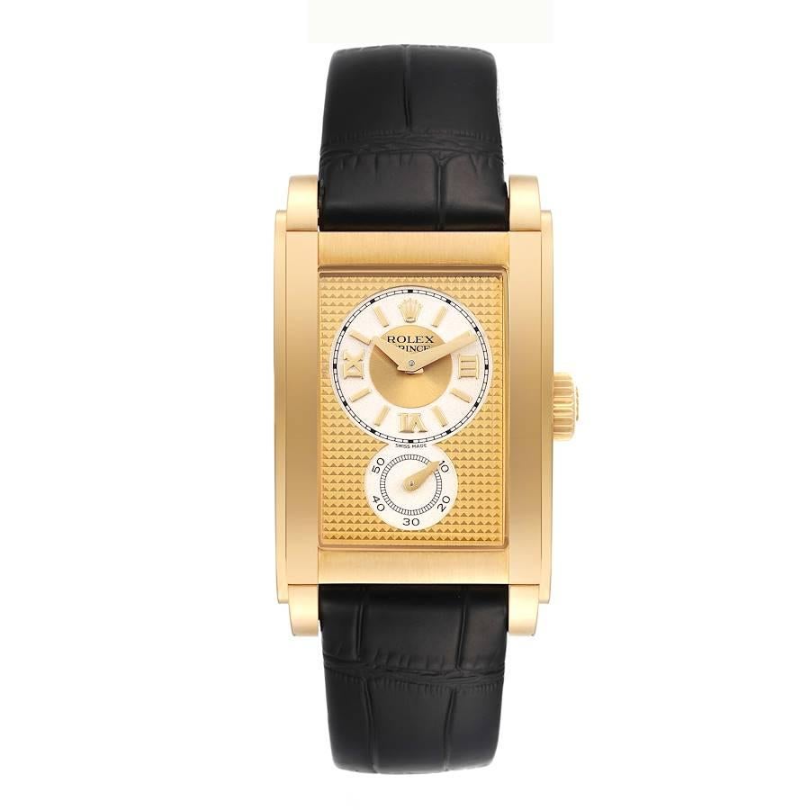 Rolex Cellini Prince Yellow Gold Champagne Roman Dial Mens Watch 5440. Manual winding movement. 18k yellow gold case 28.0 x 47.0 mm. Rolex logo on a crown. Exhibition sapphire crystal case back. . Scratch resistant sapphire crystal. Champagne dial