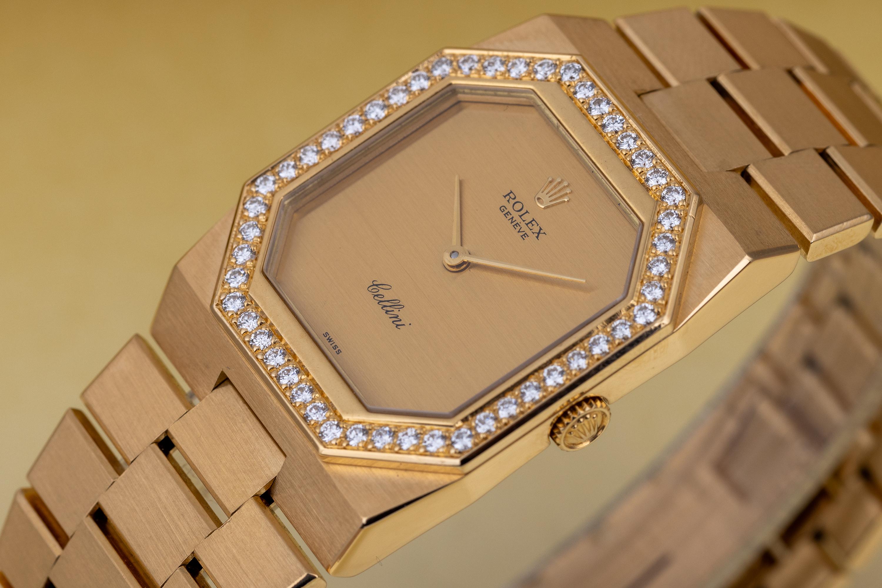 Rolex Cellini  REF. 1650  Diamond Bezel  Gold Dial  1981  18k Yellow Gold In Excellent Condition For Sale In London, GB