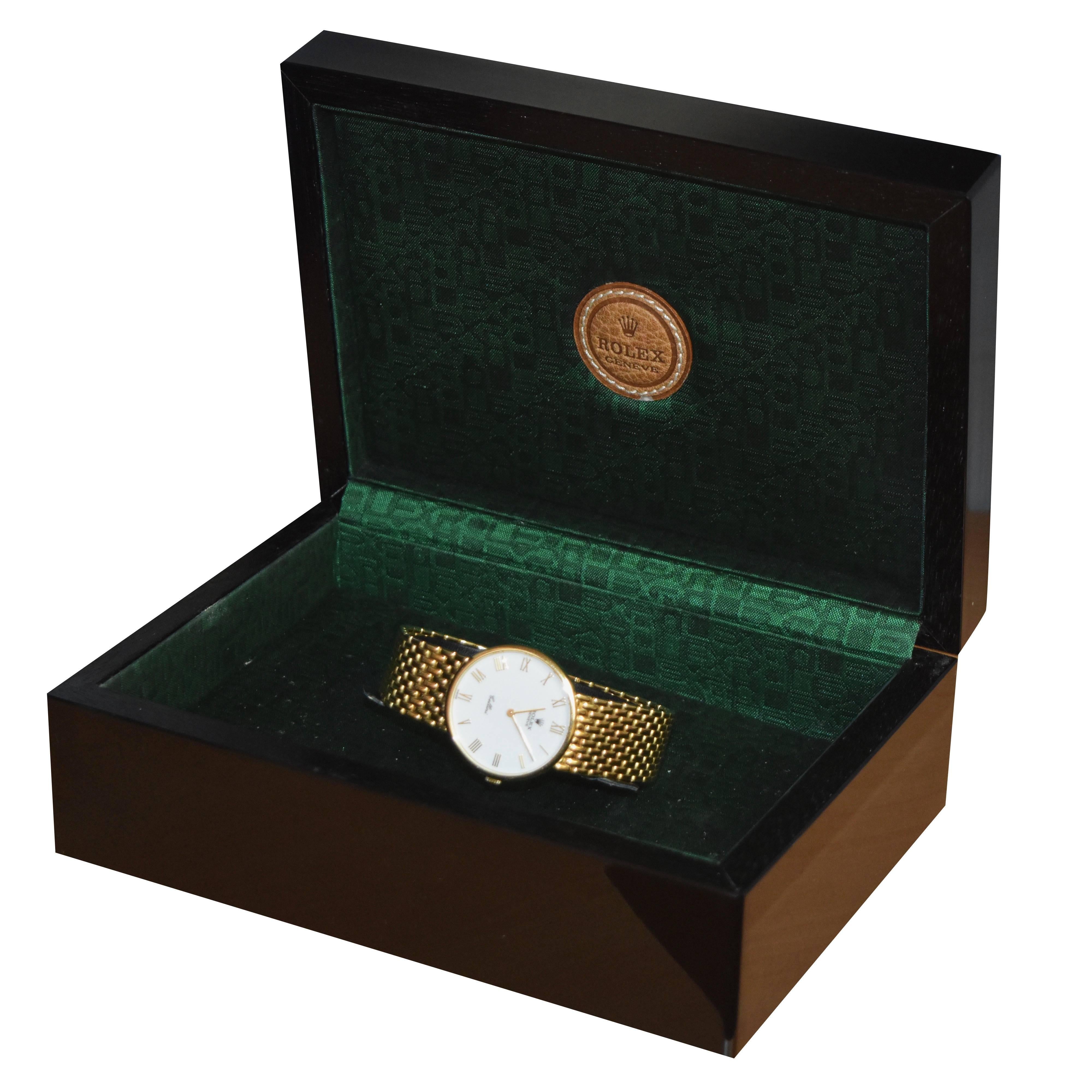 Brand: Rolex

Model Name: Cellini
Model Number: 5042 

Movement: Manual Winding

Total Item Weight (g): contact us

Case Size: 32 mm (without crown)

Dial Color: White 

Hour Markers: Large Golden Roman Numerals

Bracelet: Concealed Folding