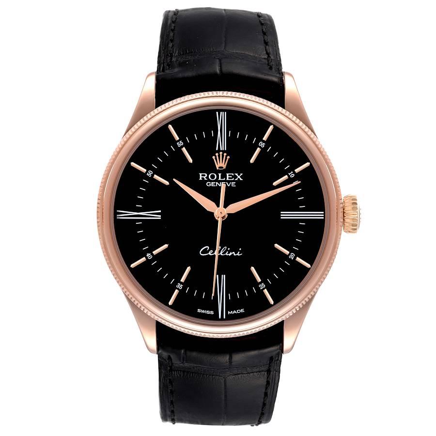 Rolex Cellini Time 18K EveRose Gold Schwarzes Zifferblatt Herrenuhr 50505 Box-Karte. Automatisches Uhrwerk mit Selbstaufzug. Offiziell zertifizierter Schweizer Chronometer (COSC). Paramagnetische blaue Parachrom-Spirale. Bidirektionaler