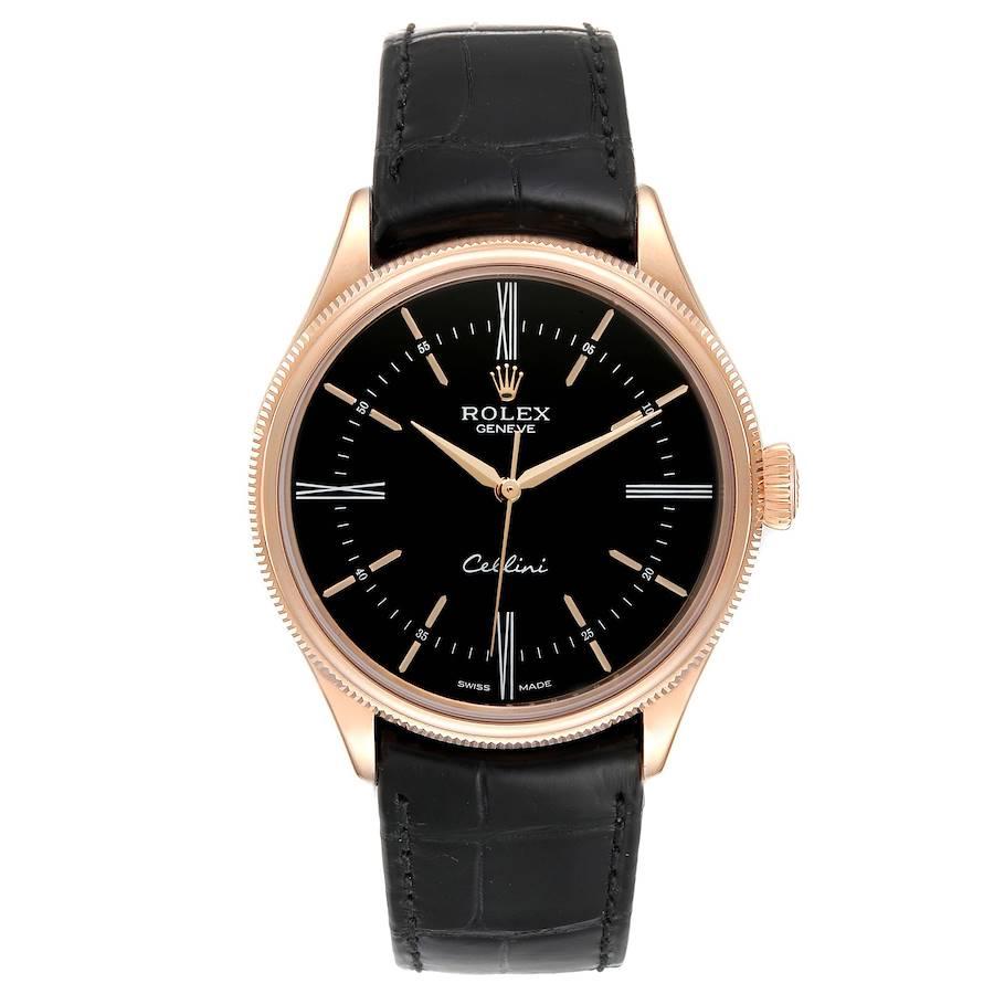 Rolex Cellini Time 18K EveRose Gold Black Dial Mens Watch 50505. Automatic self-winding movement. Officially certified Swiss chronometer (COSC). Paramagnetic blue Parachrom hairspring. Bidirectional self-winding via Perpetual rotor. 18K rose gold