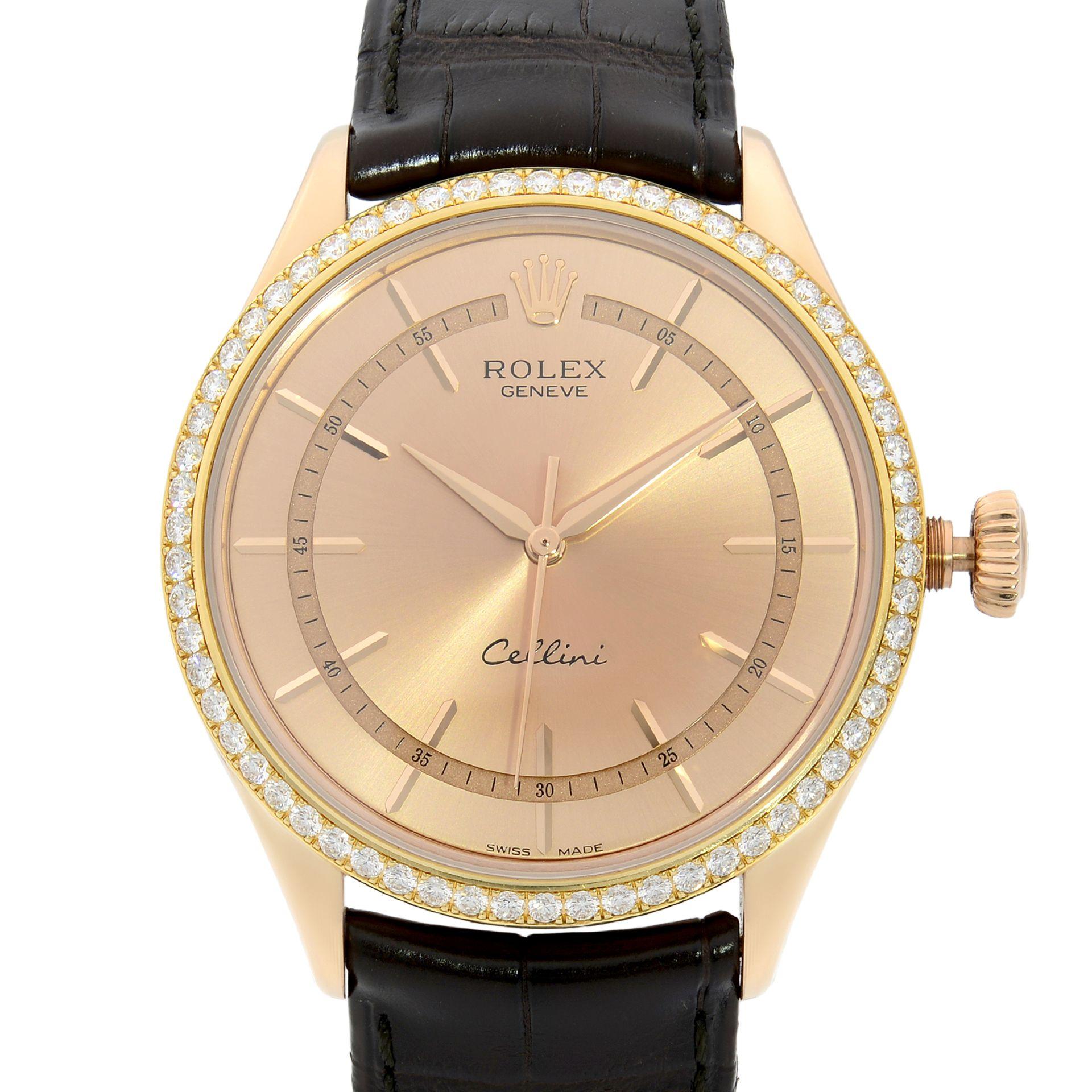 This pre-owned mint condition Rolex Cellini  50705 is a beautiful men's timepiece that is powered by a mechanical (automatic) movement which is cased in a rose gold case. It has a round shape face, no features dial, and has hand sticks style