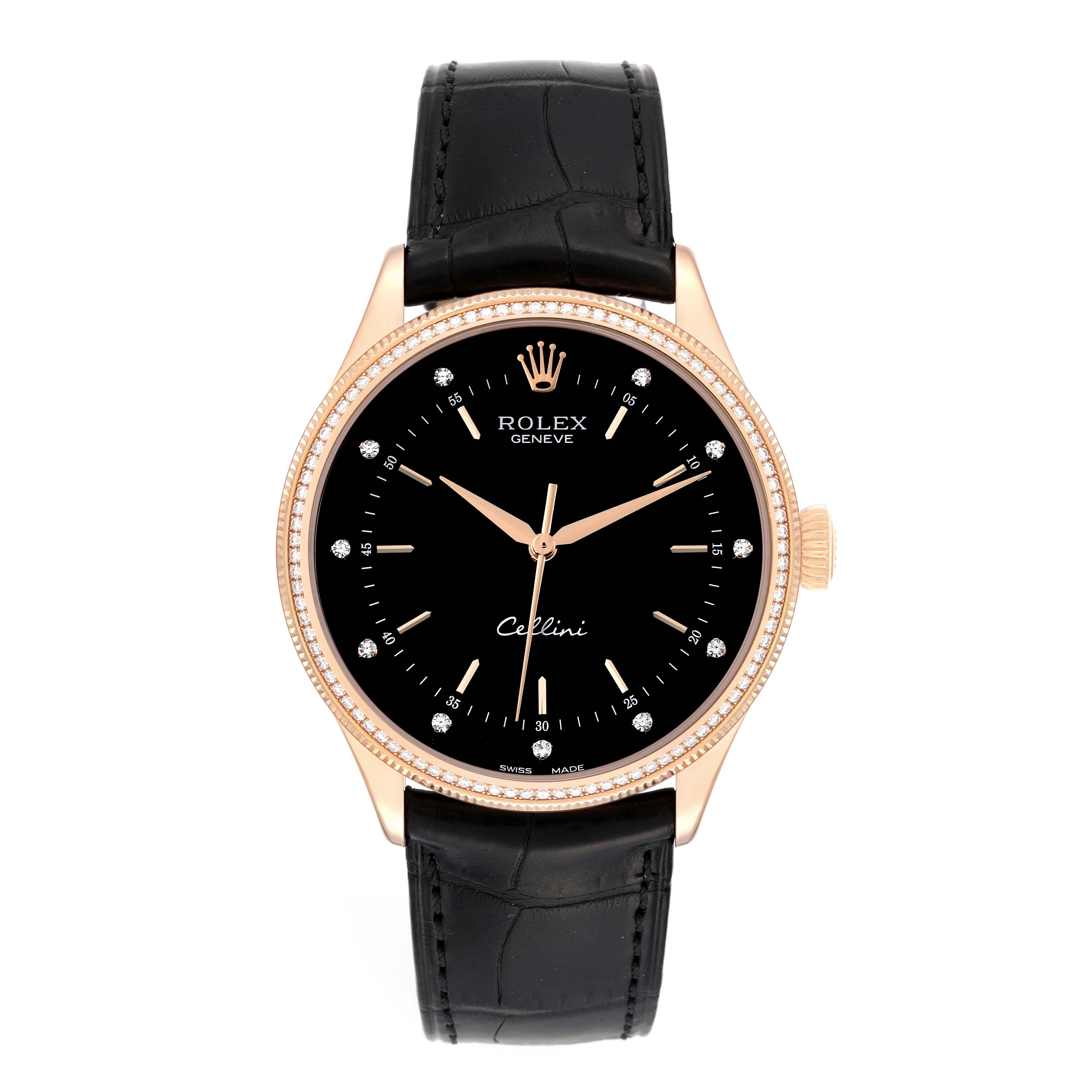 Rolex Cellini Time Rose Gold Black Dial Diamond Mens Watch 50605 Box Card. Automatic self-winding movement. Officially certified Swiss chronometer (COSC). Paramagnetic blue Parachrom hairspring. Bidirectional self-winding via Perpetual rotor. 18K