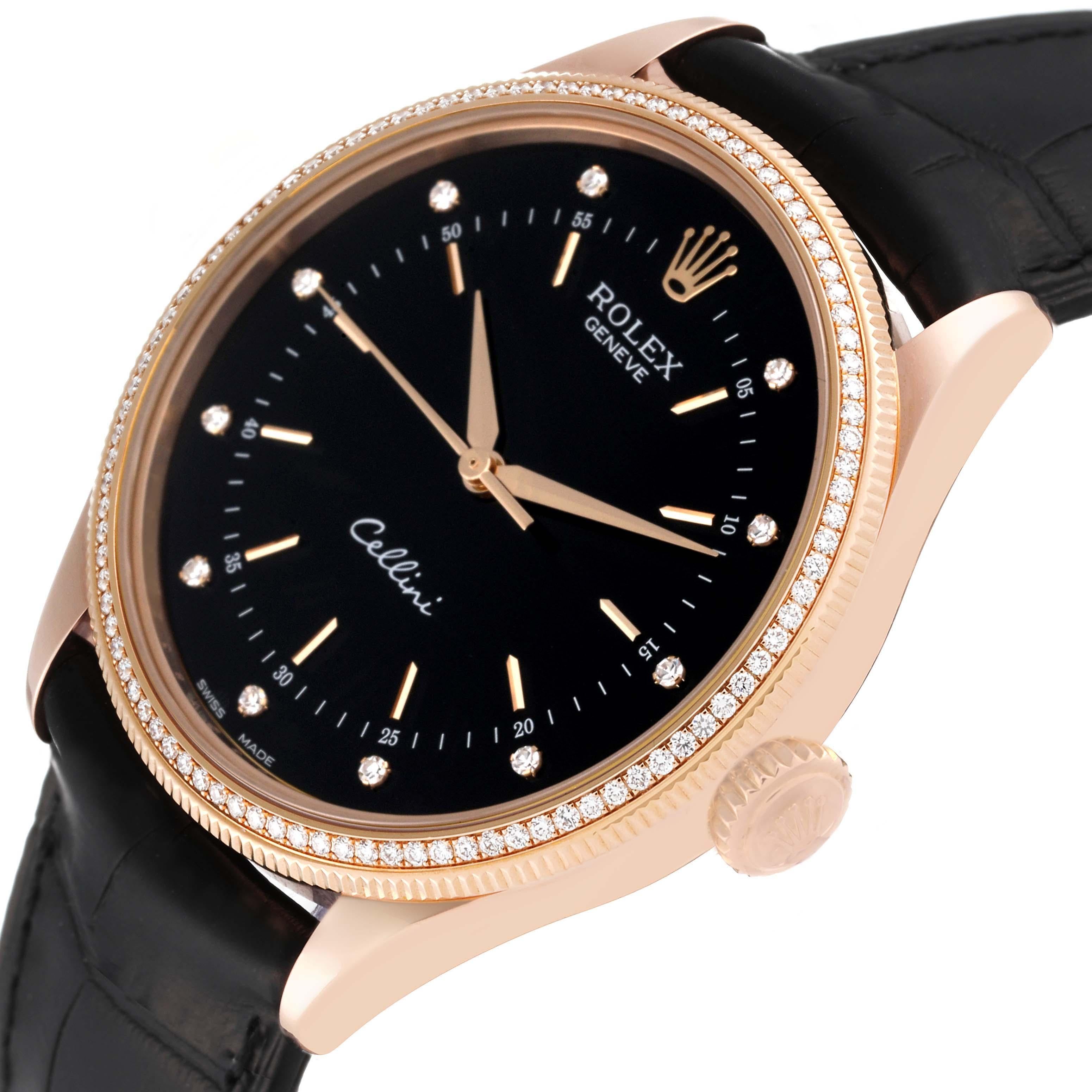 Rolex Cellini Time Rose Gold Black Dial Diamond Mens Watch 50605 Box Card For Sale 1