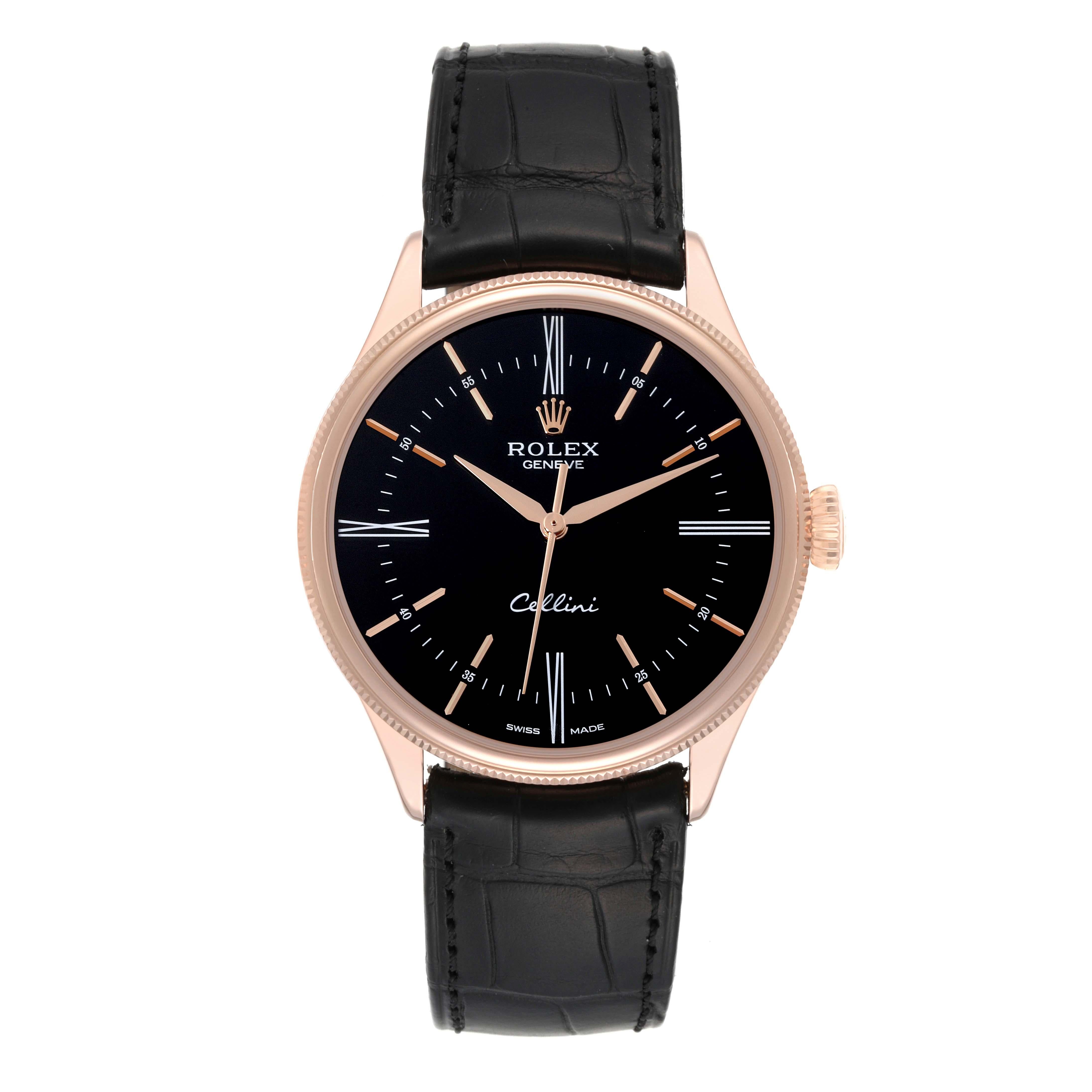 Rolex Cellini Time Rose Gold Black Dial Mens Watch 50505 Box Card. Automatic self-winding movement. Officially certified Swiss chronometer (COSC). Paramagnetic blue Parachrom hairspring. Bidirectional self-winding via Perpetual rotor. 18K rose gold