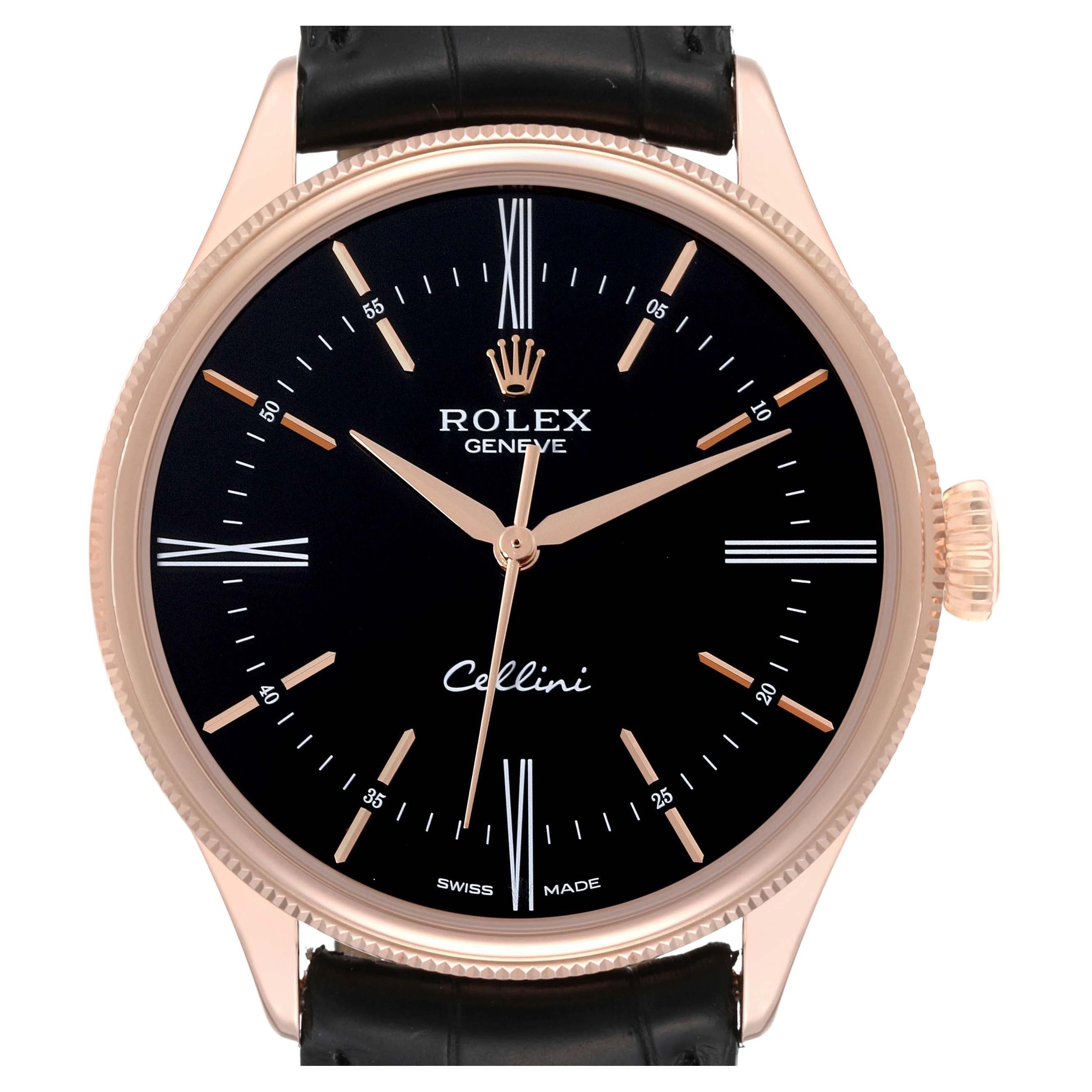 Rolex Cellini Time Rose Gold Black Dial Mens Watch 50505 Box Card